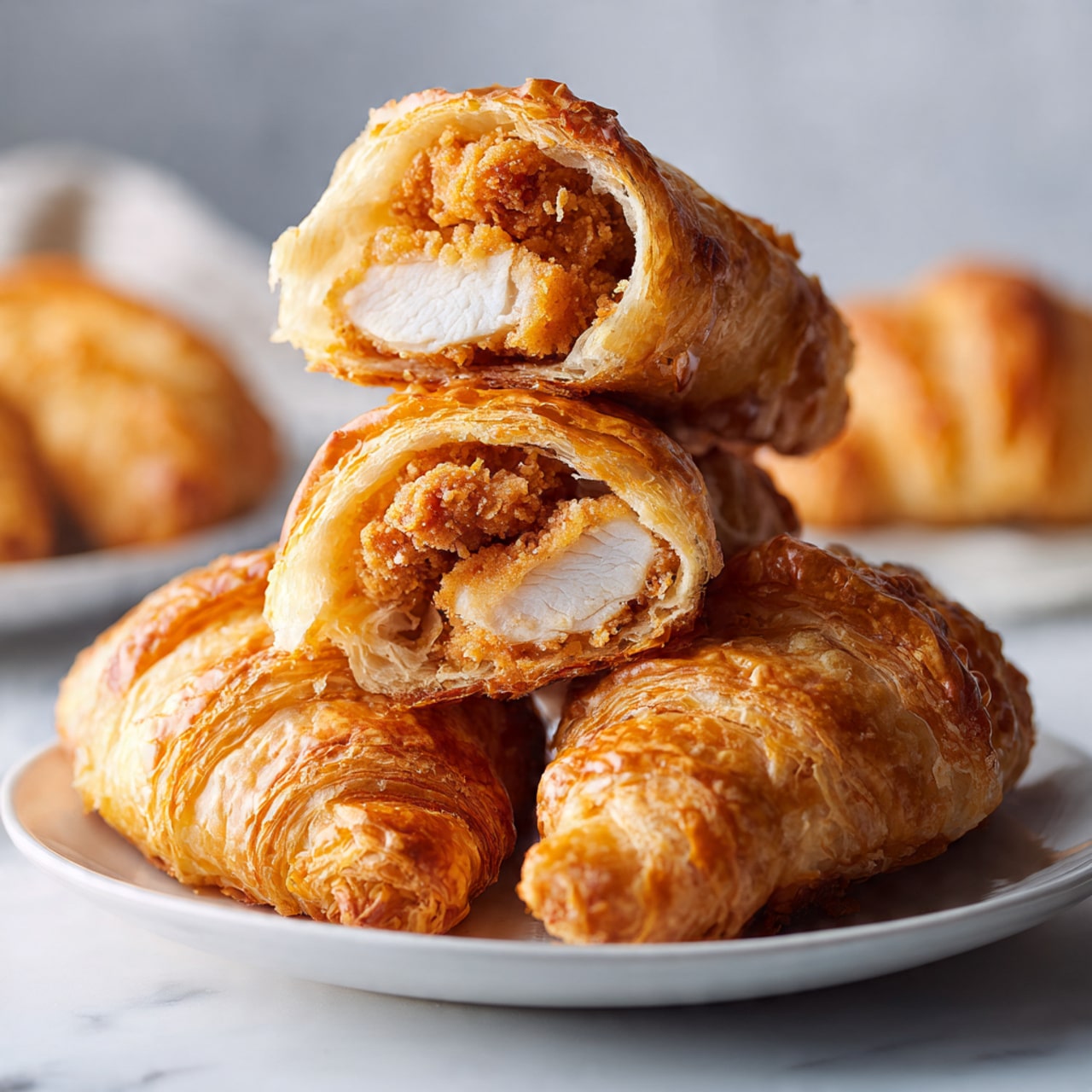 The image shows a close-up of a white bowl filled with golden-brown crescent rolls. Each roll has a flaky, shiny outer crust with a slightly crispy texture, wrapping around small pieces of cooked filling that appear light brown and tender. The rolls are layered closely together, with the flaky layers visible on the edges and the soft inside peeking through small openings. The bowl sits on a white marbled surface, and the warm tones of the crescent rolls contrast nicely with the clean white background. photo taken with an iphone --ar 4:5 --v 7