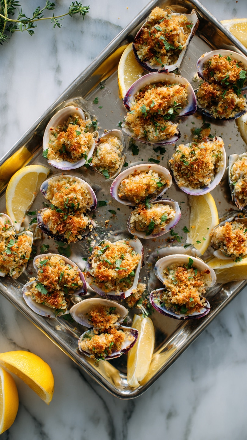 The image shows a metal tray filled with many small clam shells, each one topped with a golden brown breadcrumb mixture that looks crispy and crumbly. The shells have a light cream and purple color with a rough texture. Small green herb pieces are scattered on and around the clams for decoration. There are also a few bright yellow lemon wedges placed on the tray, adding a fresh contrast. The whole scene is set on a white marbled surface with natural light highlighting the textures of the toasted topping and shells. photo taken with an iphone --ar 4:5 --v 7