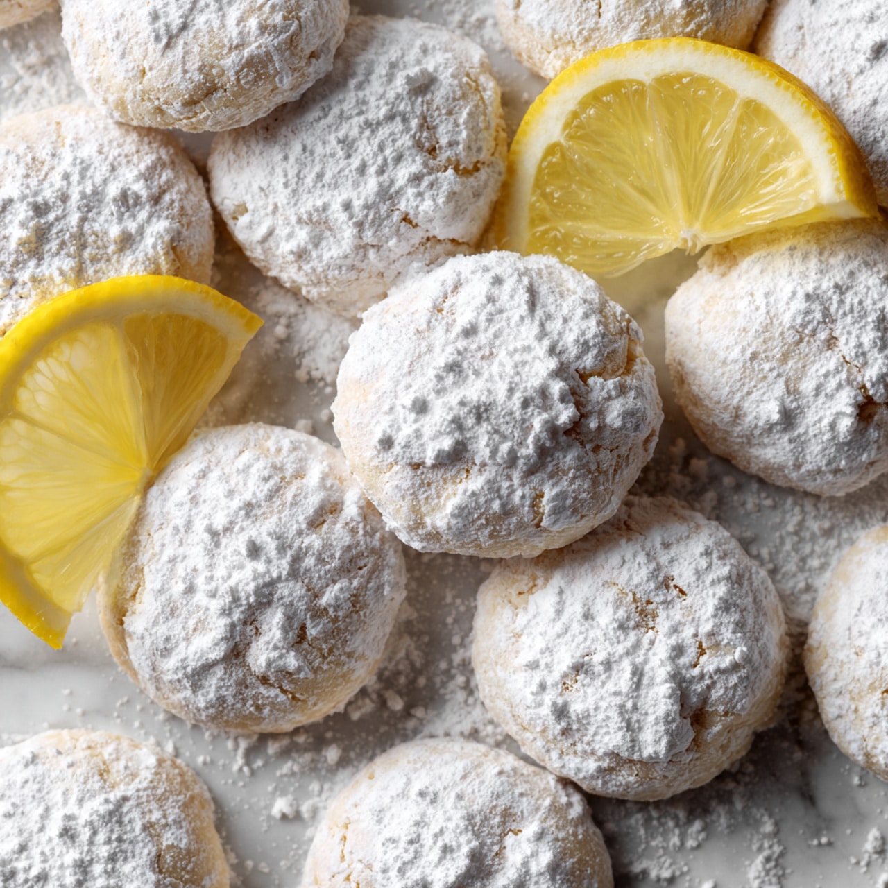 The image shows seven white dishes placed on a white marbled surface. There is one large white bowl filled with fine white flour at the top center. To the right is a small white plate holding a stick of pale yellow butter. Below the flour bowl is a small white bowl with a dark brown liquid, likely vanilla extract. To its bottom right is a slightly larger white bowl filled with white powdered sugar. Below the butter plate is a tiny white bowl with clear liquid, possibly lemon juice. Below the vanilla bowl, a small white dish contains vibrant yellow lemon zest. To the upper left of the lemon zest, a small white bowl holds a little white powder, likely baking powder. The dishes are arranged neatly, showing a simple and clean ingredient setup. Photo taken with an iphone --ar 4:5 --v 7