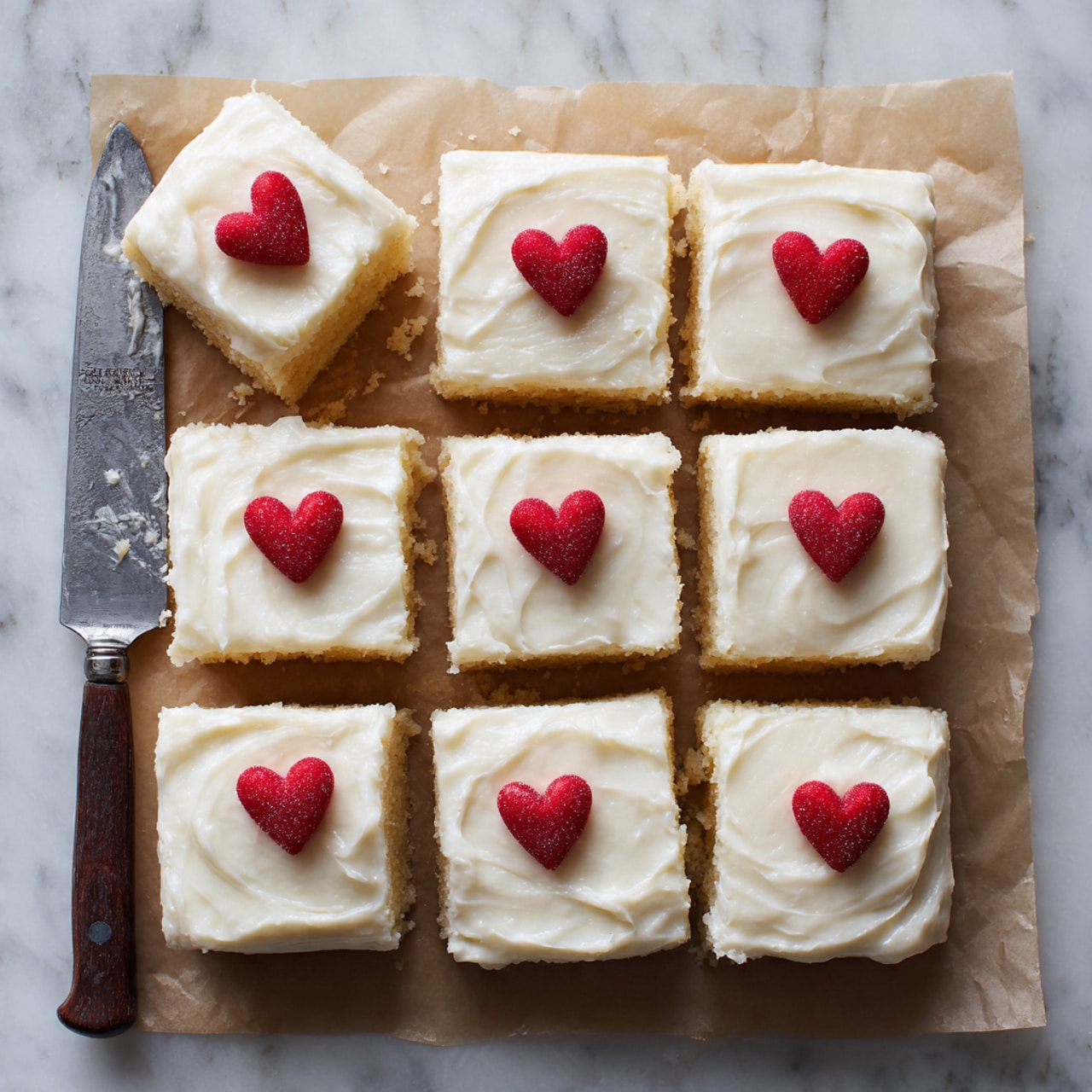 A batch of nine square white frosted cake pieces arranged in a three-by-three grid on a white marbled surface with parchment paper around the edges. Each cake piece has an even layer of smooth, creamy off-white frosting spread on top and is adorned in the center with a small red heart-shaped candy with a sugary texture. The cakes are light golden brown beneath the frosting, visible slightly on the edges. At the top left corner, there is a white bowl with extra red heart-shaped candies spilling out onto the surface. photo taken with an iphone --ar 4:5 --v 7