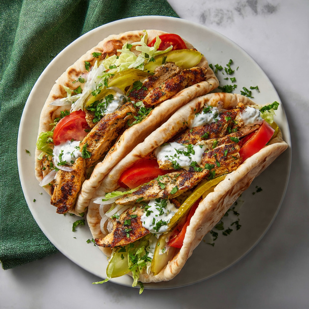 Two pita wraps rest side by side on a white plate placed on a white marbled surface. Each wrap has several layers starting with a soft tan pita bread wrapping folded around grilled, golden-brown pieces of chicken. Inside, there are layers of soft white sauce, thin pale onion slices, green pickles, and bright red tomato wedges. Fresh green herbs are sprinkled inside and on the plate, adding a pop of color. A green cloth is partially visible in the background, enhancing the fresh look. Photo taken with an iphone --ar 4:5 --v 7