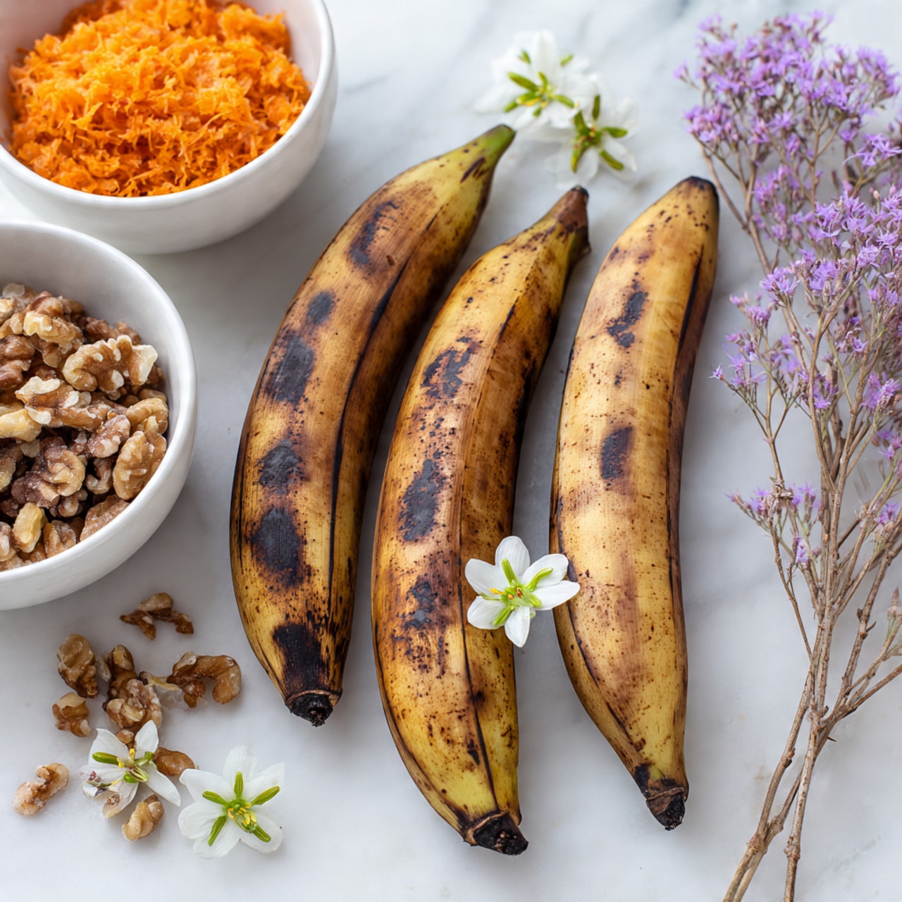 The image shows three ripe plantains with dark brown spots laid side by side on a white marbled surface. Small white flowers with green centers are placed on each plantain and scattered around them. Behind the plantains, there is a white bowl filled with walnut pieces sitting on the white marbled surface. In the background, to the left, there is another white bowl containing grated orange carrots. To the right, there are dry, light brown twigs with purple flowers resting on the surface. The overall scene is softly lit, highlighting the textures and natural colors of the ingredients. photo taken with an iphone --ar 4:5 --v 7