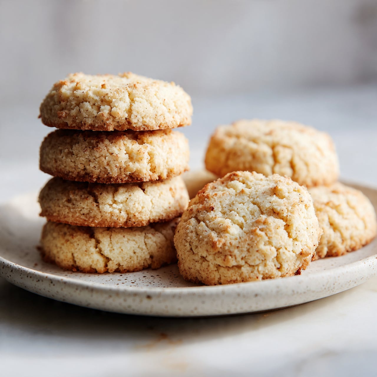 The image shows a white speckled plate with two stacks of round, light golden brown cookies. One stack on the left has six cookies, each cookie thick with a crumbly texture and rough edges, while the front stack has two cookies partially overlapping. The cookies have a soft, slightly cracked surface indicating a tender texture. The plate rests on a white marbled surface with a soft, blurred light background. photo taken with an iphone --ar 4:5 --v 7