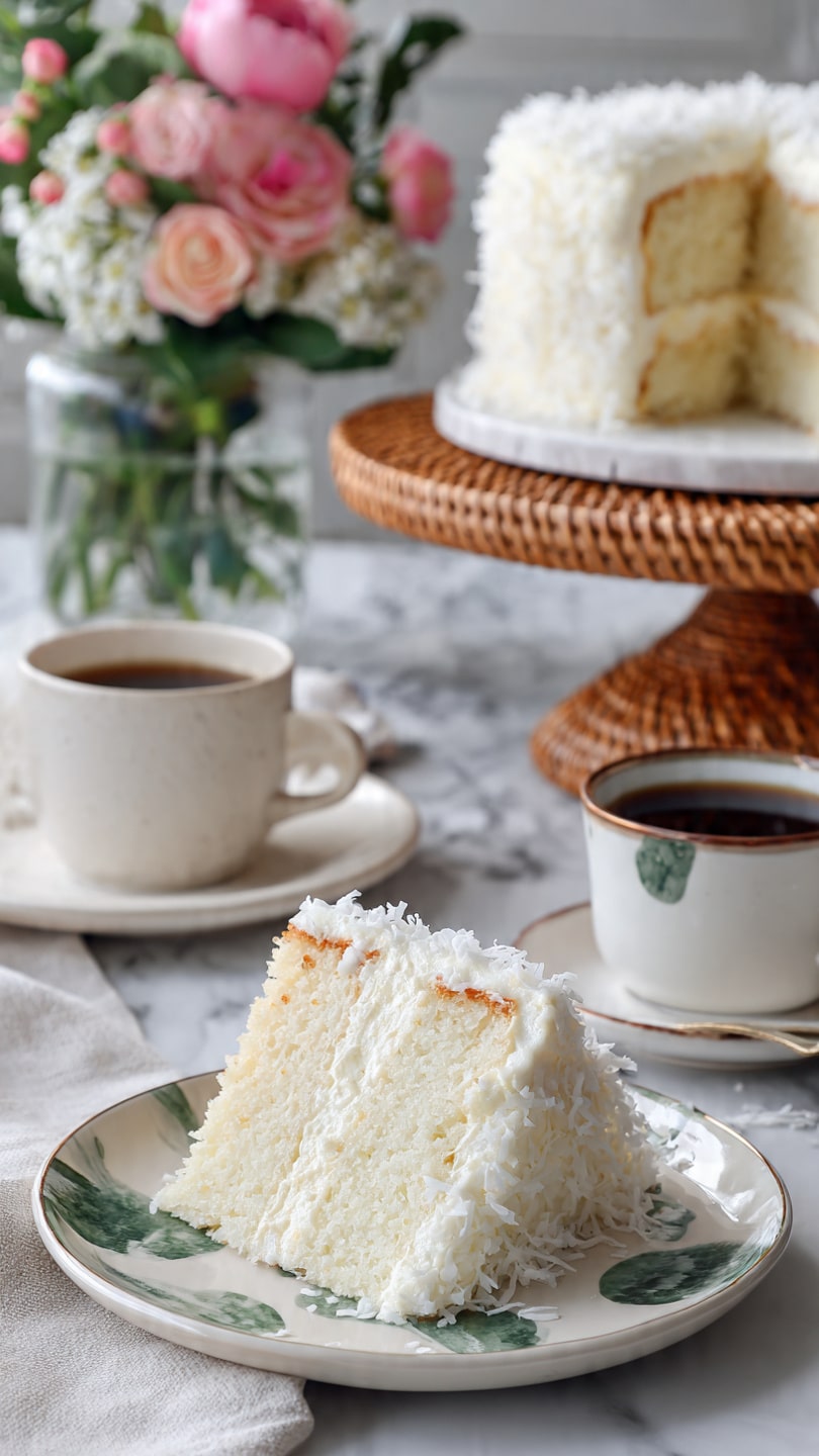 A slice of three-layer white cake with light cream filling between each layer sits centered on a white plate with green and dark green spots. The top of the cake slice is covered with shredded coconut. In the background, another slice on a similar plate and the full cake covered in white frosting and shredded coconut sits on a woven wooden cake stand. To the right, there is a white cup and saucer with dark coffee. The scene is on a white marbled surface with a small bouquet of pink and white flowers in a clear vase behind. Photo taken with an iphone --ar 4:5 --v 7