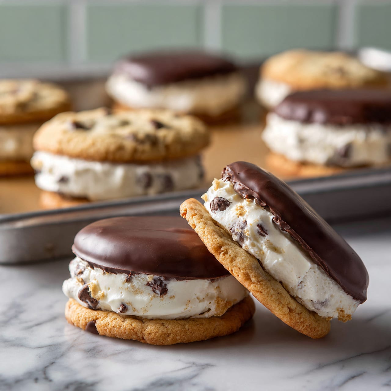 A woman's hand with purple nail polish holds a small sandwich cookie made of two light brown chocolate chip cookies with a thick white cream layer in the middle; the top cookie is half dipped in dark chocolate, showing a smooth, glossy texture. Below, a metal baking tray filled with more of these cookie sandwiches sits on a white marbled surface, each cookie also showing visible chocolate chips and thick cream, with a pale green brick wall blurred in the background. photo taken with an iphone --ar 4:5 --v 7
