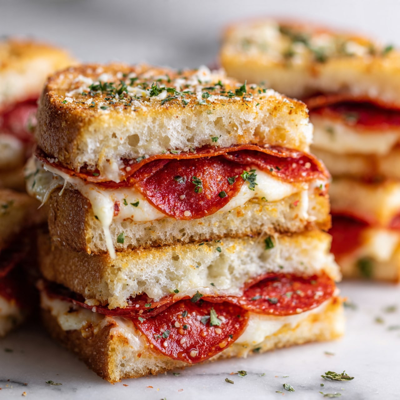 The image shows a rectangular tray lined with brown parchment paper, holding 15 small soft bread rolls arranged in a 3 by 5 grid. A woman's hand is seen from above, holding a knife that is slicing through the middle row of the rolls from top to bottom. The rolls have a golden brown top with a soft and fluffy texture inside. The tray sits on a white marbled surface with a white and blue striped cloth partially visible on the left side. Some garlic and green herbs are placed near the top right corner of the tray. Photo taken with an iphone --ar 4:5 --v 7