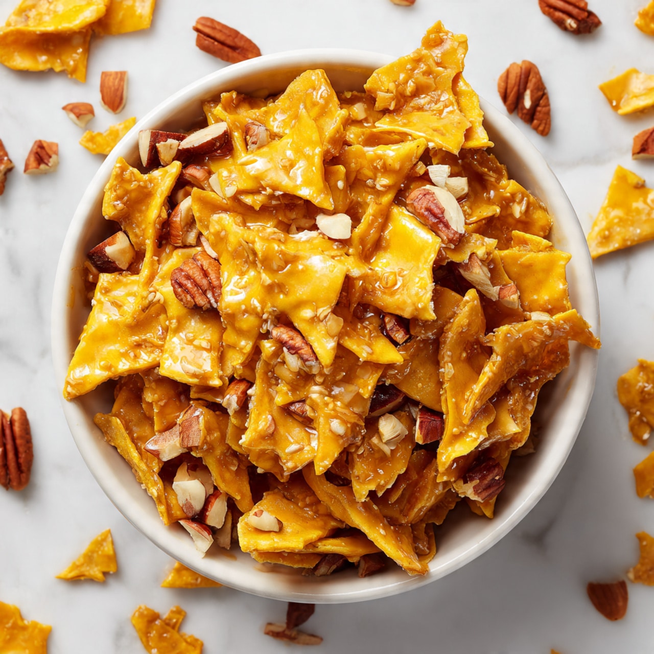 A white bowl filled with many golden yellow corn chip cones mixed with shiny brown pecan nut pieces, piled high in the center. Scattered around the bowl are more corn chip cones and nut pieces on a light blue cloth and white marbled surface. In the background, there is another bowl with the same snack mix and a white bottle, all softly out of focus. The colors are warm with a mix of yellows, browns, and soft blues, making the snack look crunchy and inviting. photo taken with an iphone --ar 4:5 --v 7
