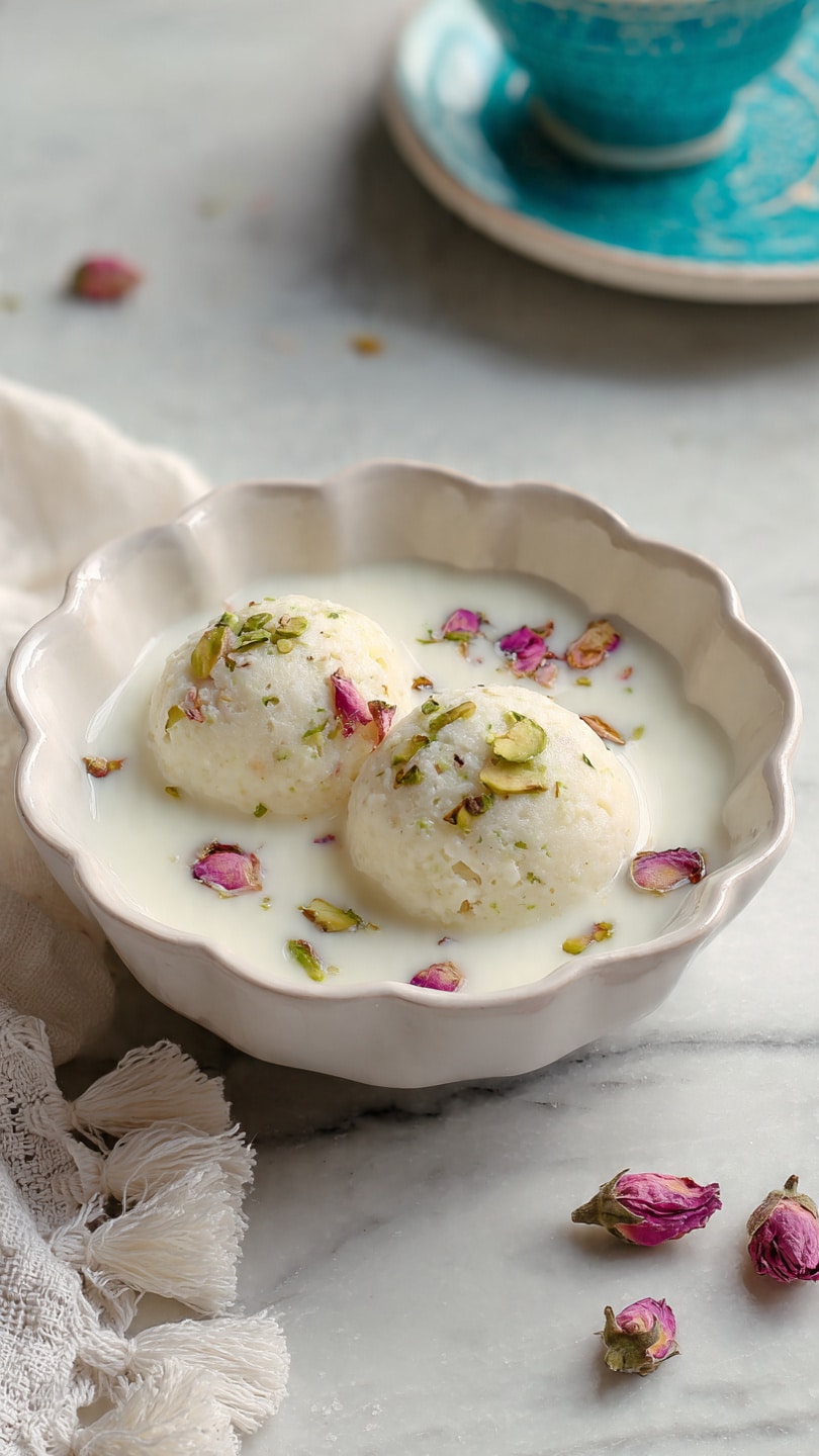 The image shows two white soft spongy balls placed in a shallow pool of white milk within a white scalloped bowl. The balls have a light texture and are sprinkled with a few green pistachio slices. Around the balls, there are several small dried pink rosebuds scattered gently on the milk surface. The bowl sits on a white marbled surface with part of a white cloth with tassels visible on one side and a blurred turquoise-rimmed bowl in the top right corner. Photo taken with an iphone --ar 4:5 --v 7