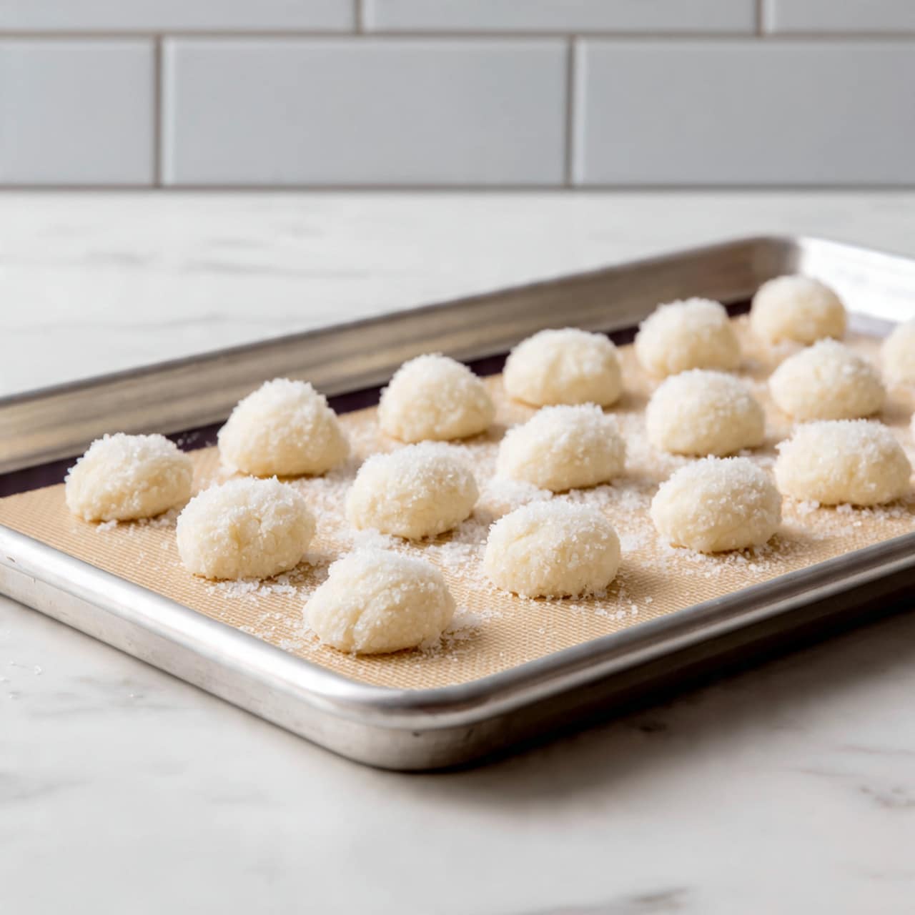 The image shows a metal baking tray with a beige silicone mat inside, placed on a white marbled surface. On the mat, there are several small, white irregular pieces of dough arranged in neat rows, each topped with coarse white salt crystals. The dough pieces look soft and have some texture on top, resembling small dumplings or gnocchi. The background includes a light gray wall with a simple, tiled design. Photo taken with an iphone --ar 4:5 --v 7