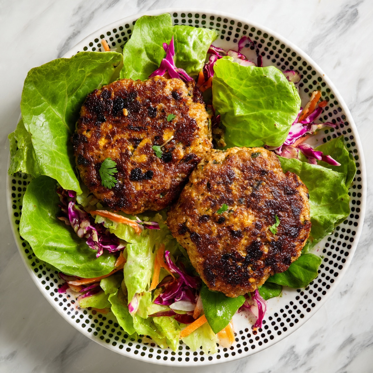 A white plate with a dotted black and yellow rim holds two golden brown patties with a textured surface showing small pieces of herbs and other ingredients. The patties rest on a bed of fresh green lettuce mixed with some purple cabbage and thin slices of carrot, creating a colorful contrast. The green leaves look crisp and slightly glossy, surrounding the patties on all sides. The plate is set on a white marbled surface. photo taken with an iphone --ar 4:5 --v 7