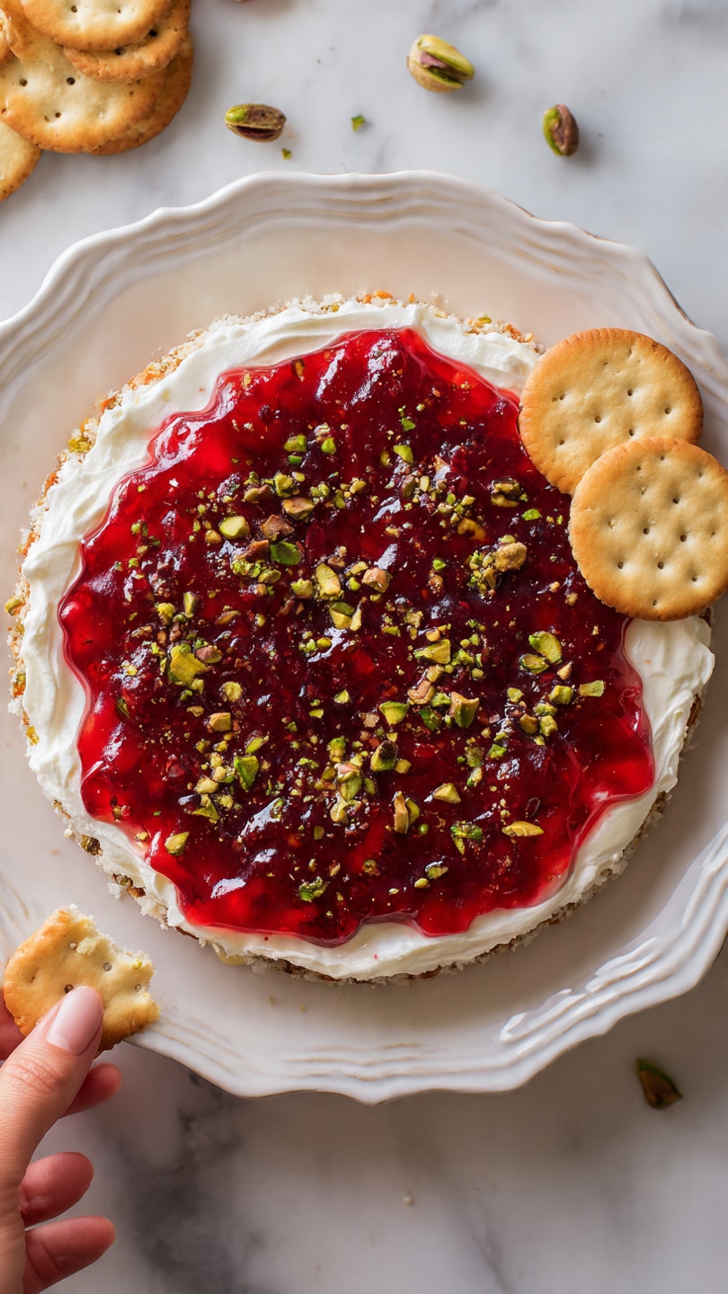 A round white scalloped plate holds a layered cheese dip. The base layer is thick and white, spread evenly in a circle. On top, there is a shiny orange layer with a smooth texture, spread mostly in the center. A bright red sauce is drizzled over the orange layer in an uneven pattern. The entire top is sprinkled with chopped green pistachios that add a rough, chunky texture. Two round, light golden crackers are placed on the right side of the dip near the edge. The plate is on a white marbled surface with a few pistachio pieces scattered around. Nearby, there is a wooden board with more round crackers, a small bowl of pistachios, and a small white bowl with red sauce being held by a woman's hand. photo taken with an iphone --ar 4:5 --v 7