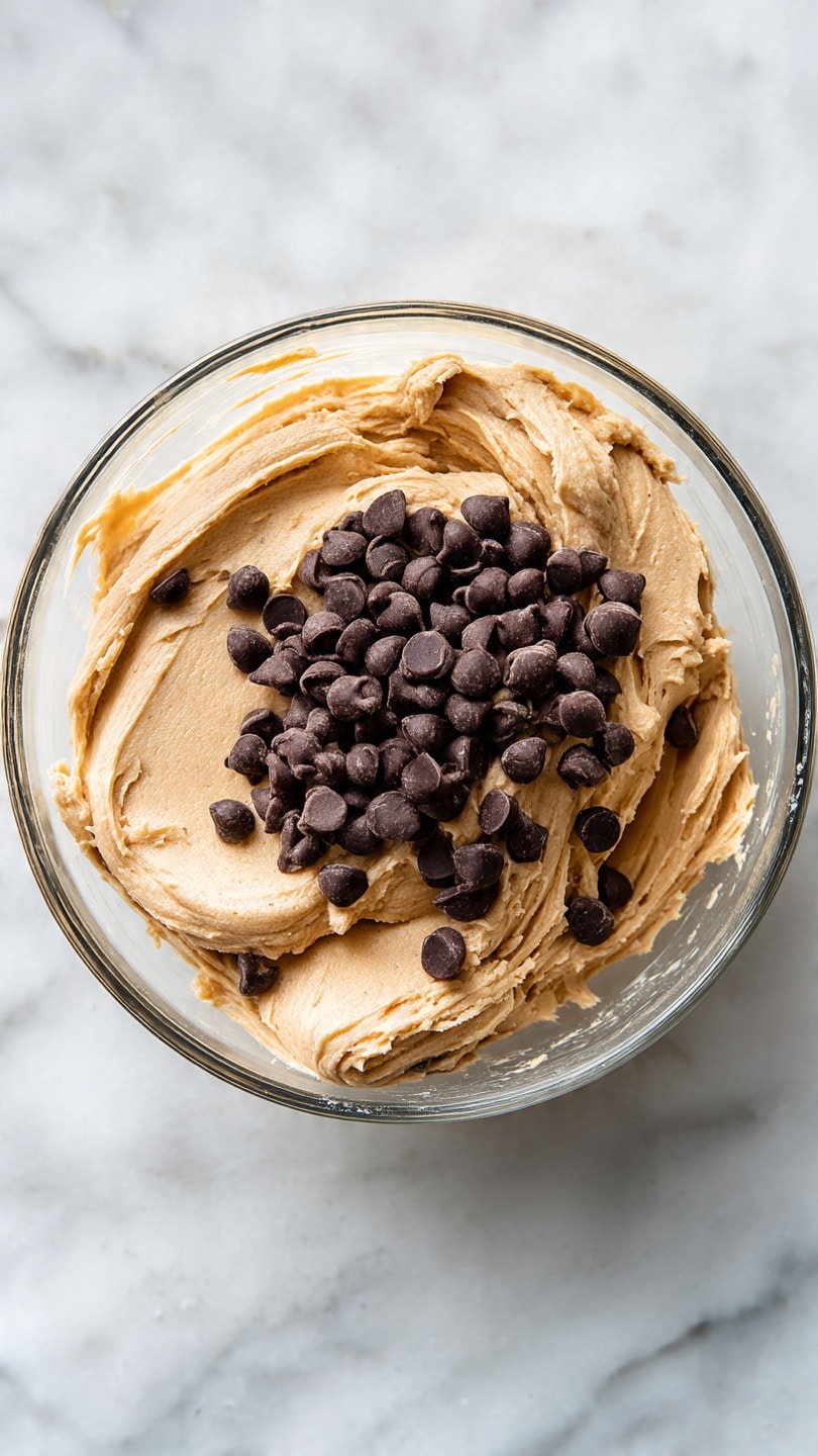 In a clear glass bowl filled with light beige, thick batter that has a smooth but slightly chunky texture, a pile of small, dark brown chocolate chips sits right in the center. The batter is spread unevenly around the edges of the bowl, with some of it clinging to the bowl's sides. The background is a white marbled surface, providing a clean and bright setting. photo taken with an iphone --ar 4:5 --v 7