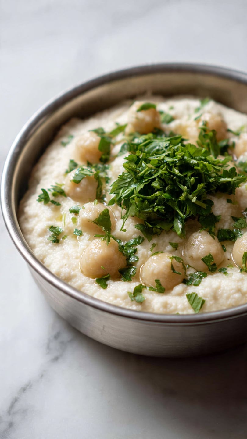 The image shows a close-up of a small bowl filled with a creamy off-white dessert made from small round pearls topped with two fresh green mint leaves in the center. Behind it, there is a shallow dish with a rich brown curry containing pieces of round vegetables, garnished with green leaves. To the left side, part of a white bowl with cooked white rice mixed with small brown almond slivers is visible. All dishes are placed on a dark wooden surface, which should be changed to a white marbled texture for the prompt. Photo taken with an iphone --ar 4:5 --v 7