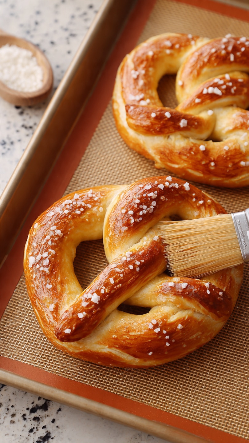 Two soft golden brown pretzels sit on a baking tray lined with a brown silicone baking mat. The pretzels have a twisted shape with a smooth, shiny surface and are sprinkled with coarse white salt. A wooden brush with light brown bristles is gently touching the top of one pretzel, adding a glossy layer. The background includes a small part of a beige and black speckled countertop. Photo taken with an iphone --ar 4:5 --v 7