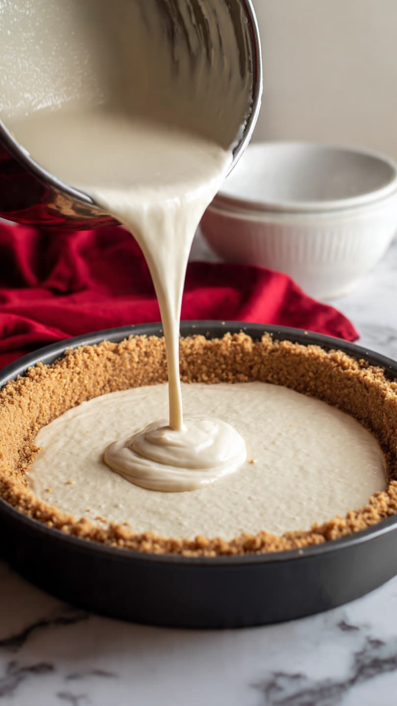 A dark round pan holds a thick, crumbly light brown crust as the first layer, with walls pressed up the sides. A smooth, thick, creamy white mixture is being poured into the center from a tilted silver bowl, forming the second layer inside the crust. The background shows a white marbled surface with a white bowl and a red cloth partially visible nearby. Photo taken with an iphone --ar 4:5 --v 7