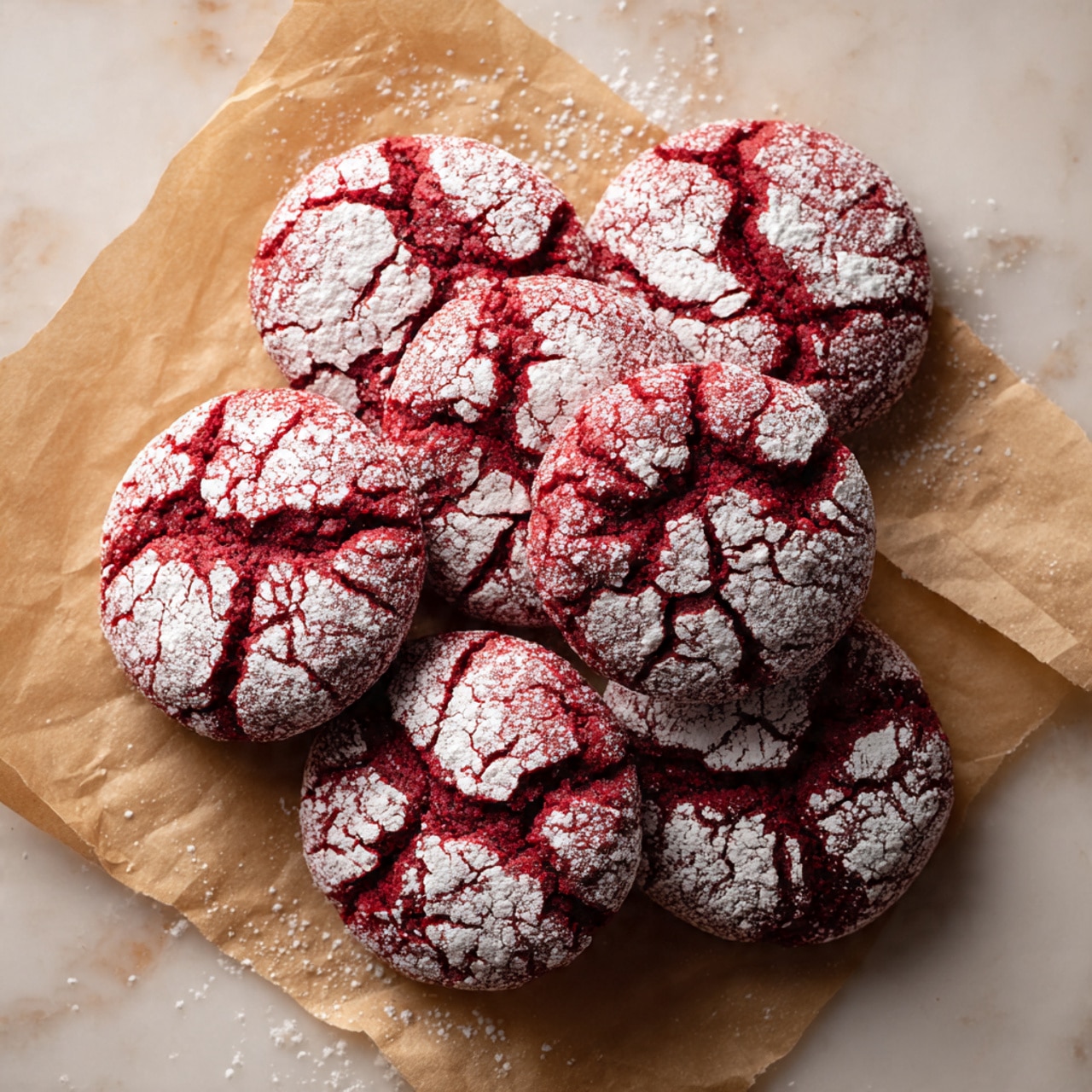The image shows a group of red velvet cookies with a cracked surface pattern, dusted with thick white powdered sugar unevenly spread on top. The cookies have a deep red color underneath, with white powdered sugar forming irregular patches covering most of the top layer. They are laid flat on brown baking paper with a few cookies overlapping each other. The cookies have a soft, slightly rough texture and round shape, with some cracks revealing the red base underneath. The photo taken with an iphone --ar 4:5 --v 7