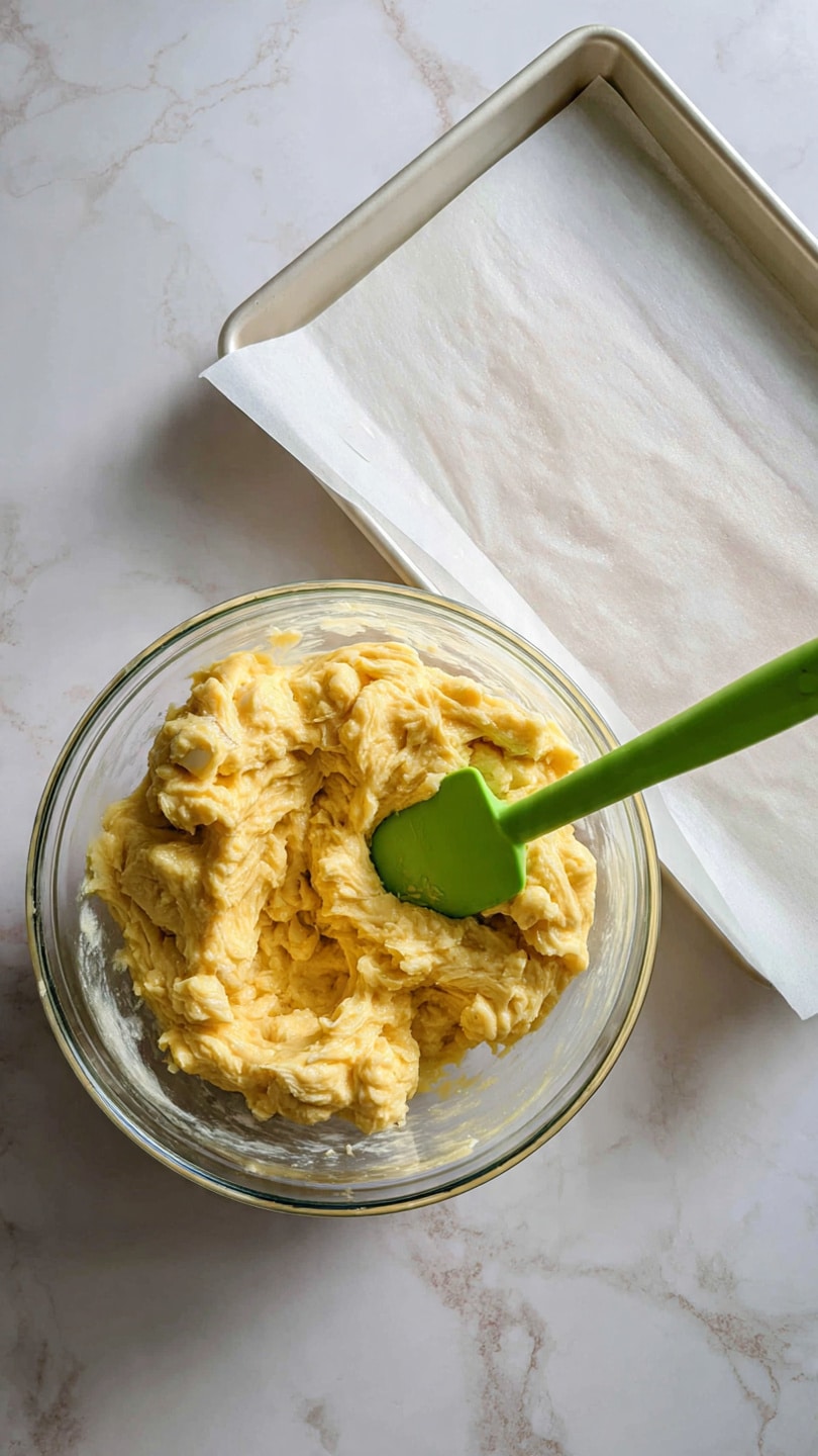 The image shows a clear glass bowl filled with a thick, creamy yellow batter with small chunks, likely banana, being stirred by a bright green spatula. The bowl is placed on a countertop next to a white parchment paper-lined white baking tray. Both items rest on a white marbled surface with soft natural light casting mild shadows. photo taken with an iphone --ar 4:5 --v 7