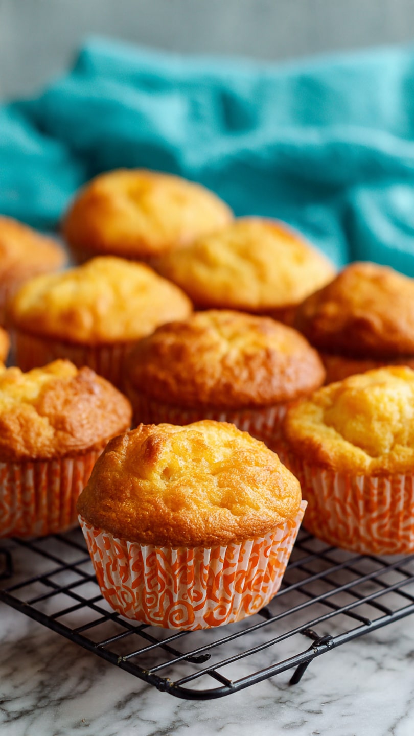 The image shows eight cupcakes on a white plate placed on a white marbled surface with a blue patterned cloth underneath. Each cupcake has a golden-brown base with a red patterned liner. On top of each cupcake is a thick layer of creamy white frosting with a smooth, slightly swirled texture. Small yellow zest pieces are scattered over the frosting, adding color contrast. In the background, there are two whole bright orange citrus fruits. Photo taken with an iphone --ar 4:5 --v 7