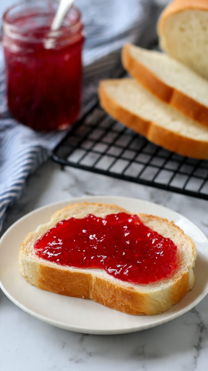 A golden brown loaf of soft white bread sits on a dark cooling rack, with a smooth and slightly shiny top crust. The inside shows a light, fluffy texture with small air holes throughout. Two slices of the same bread lean against the right side of the loaf, showing the even crumb inside. In the blurred background, a glass jar of red jam with a white spoon and a blue striped cloth are visible, set on a white marbled surface. photo taken with an iphone --ar 4:5 --v 7
