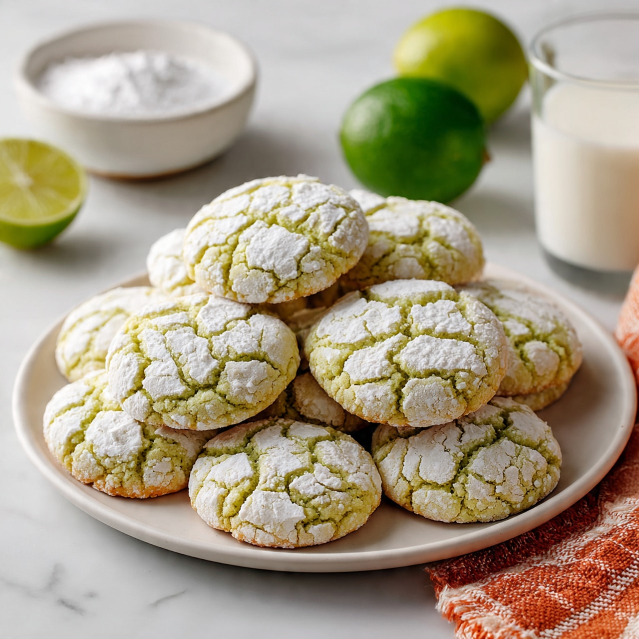 A round white plate is full of about twenty pale green cookies with cracked white powdered sugar on top, giving a textured pattern. Each cookie is thick and soft-looking, stacked closely together in a pile. One cookie lies separately above the plate. Around the plate on a white marbled surface, there are a few whole green limes and one lime cut in half showing the juicy inside. A white bowl with powdered sugar is slightly visible at the top, and at the bottom edge, a glass of milk rests on a white and orange checked cloth. Photo taken with an iphone --ar 4:5 --v 7