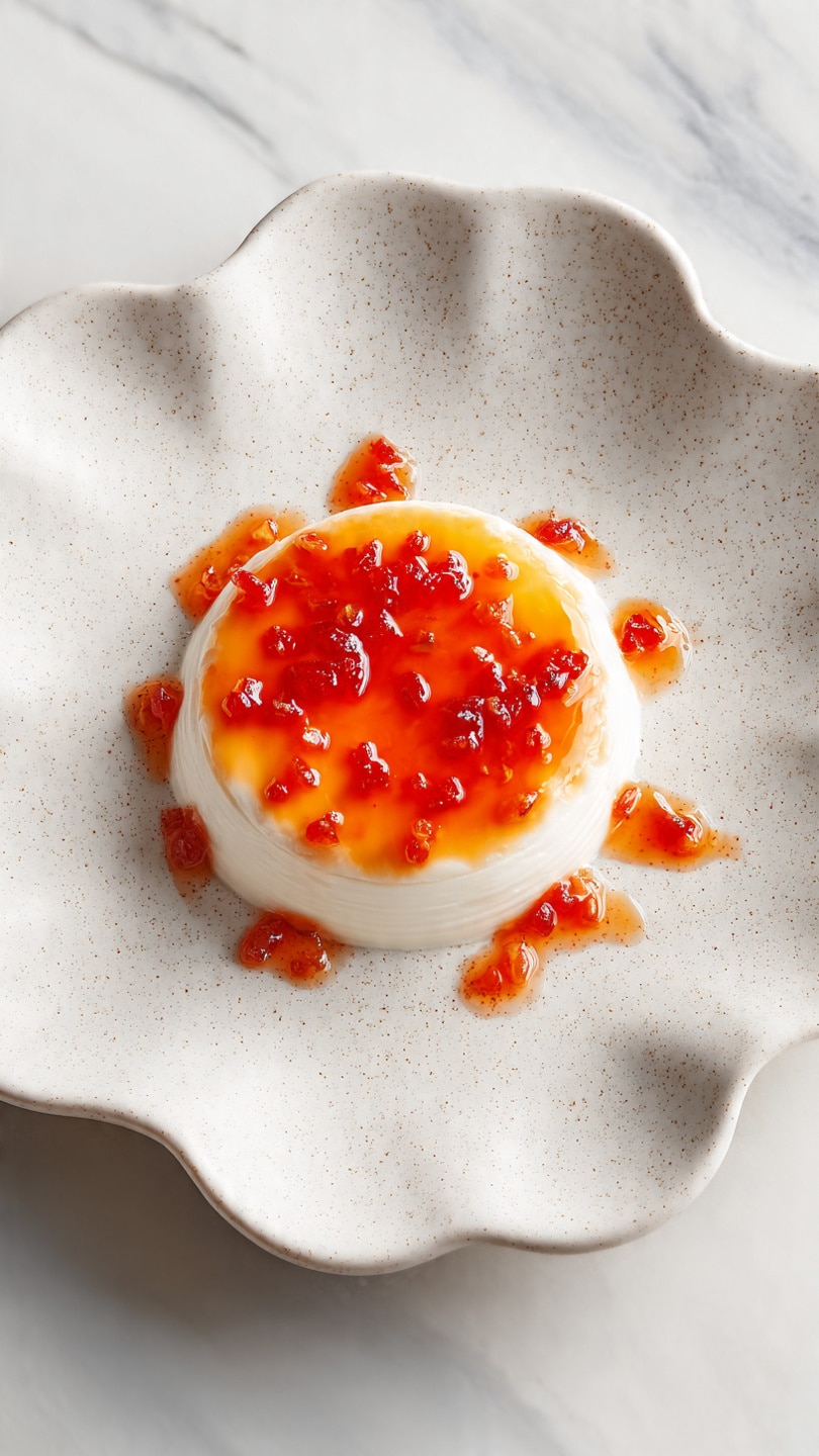 The dish is presented on a white, scalloped-edged plate with a light speckled texture. It has two main layers: the bottom layer is a thick, creamy white spread with a slightly rough, whipped texture arranged in a circular shape following the plate's contour, and the top layer is a glossy, bright orange sauce with evenly scattered small red chunks that add a textured contrast. The plate is placed on a white marbled surface. photo taken with an iphone --ar 4:5 --v 7