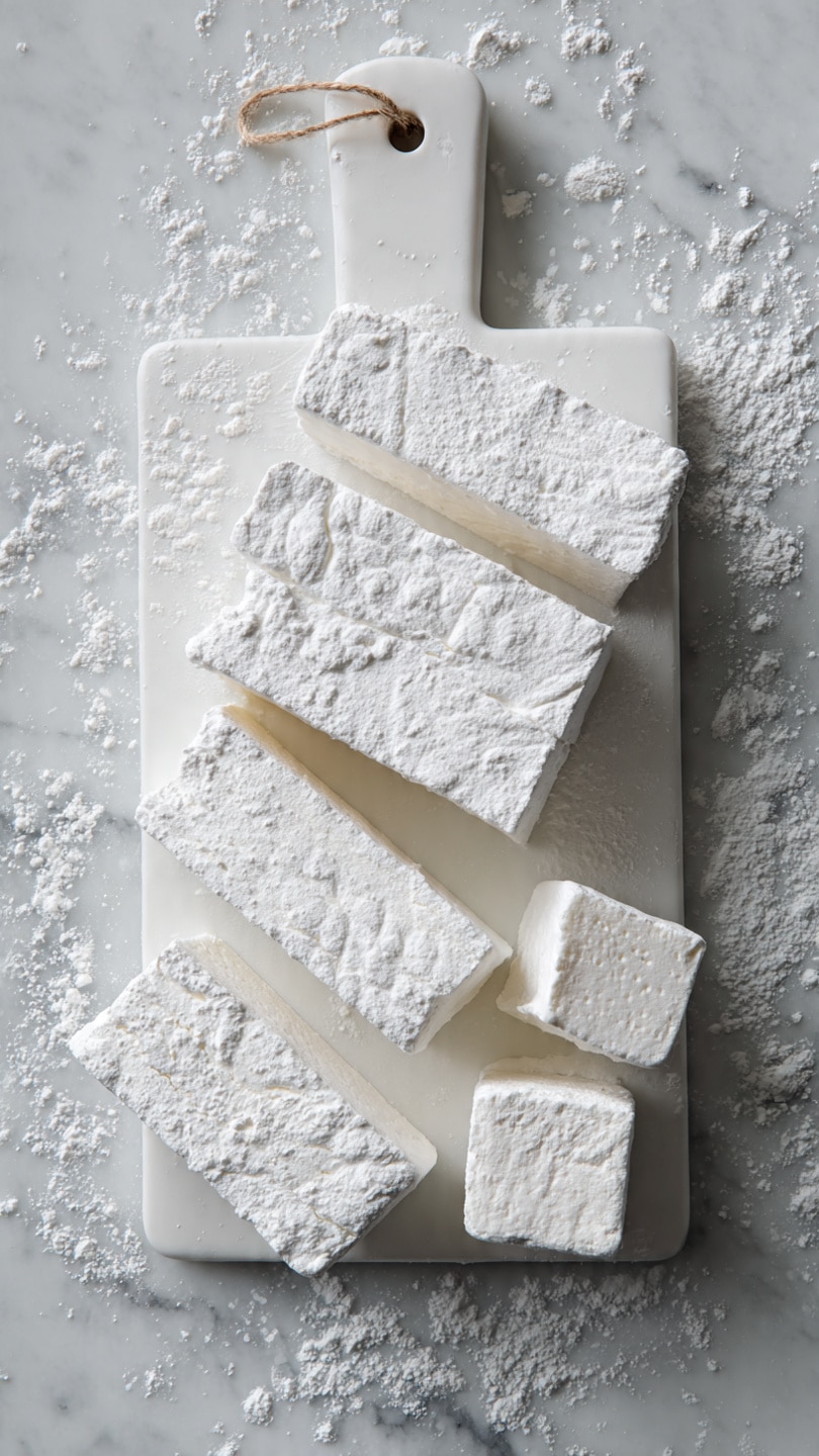 The image shows two white round plates on a white marbled surface. The front plate, which is pink, holds a stack of soft, white marshmallows arranged in a pyramid shape with multiple layers. The marshmallows have a powdery, slightly rough texture. In the background, there is a second white plate with more marshmallows that appear similar in color and texture but are less focused. The overall colors are soft and light, with the white marshmallows contrasting gently against the pale pink plate and white marbled surface. Photo taken with an iphone --ar 4:5 --v 7