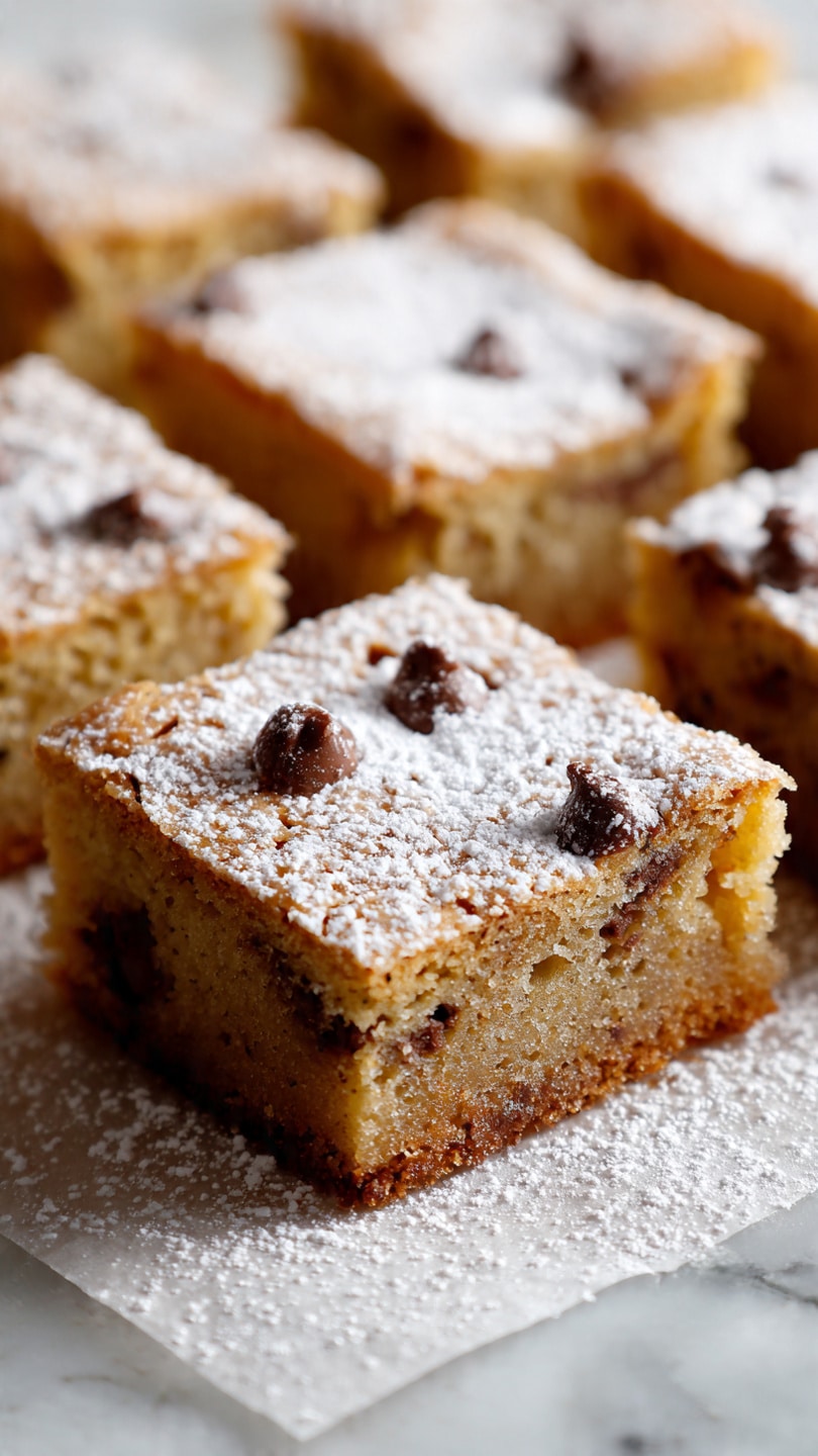 The image shows fifteen square pieces of light brown cake with chocolate chips on top, arranged on brown parchment paper over a wooden surface. Each cake piece has a soft texture with chocolate chips embedded inside and sprinkled on top. Some pieces are dusted lightly with white powdered sugar, adding a gentle contrast to the golden cake surface. One piece is slightly lifted, showing the soft inside with chocolate chips. The overall look is warm and inviting, with a simple, homemade feel. Photo taken with an iphone --ar 4:5 --v 7