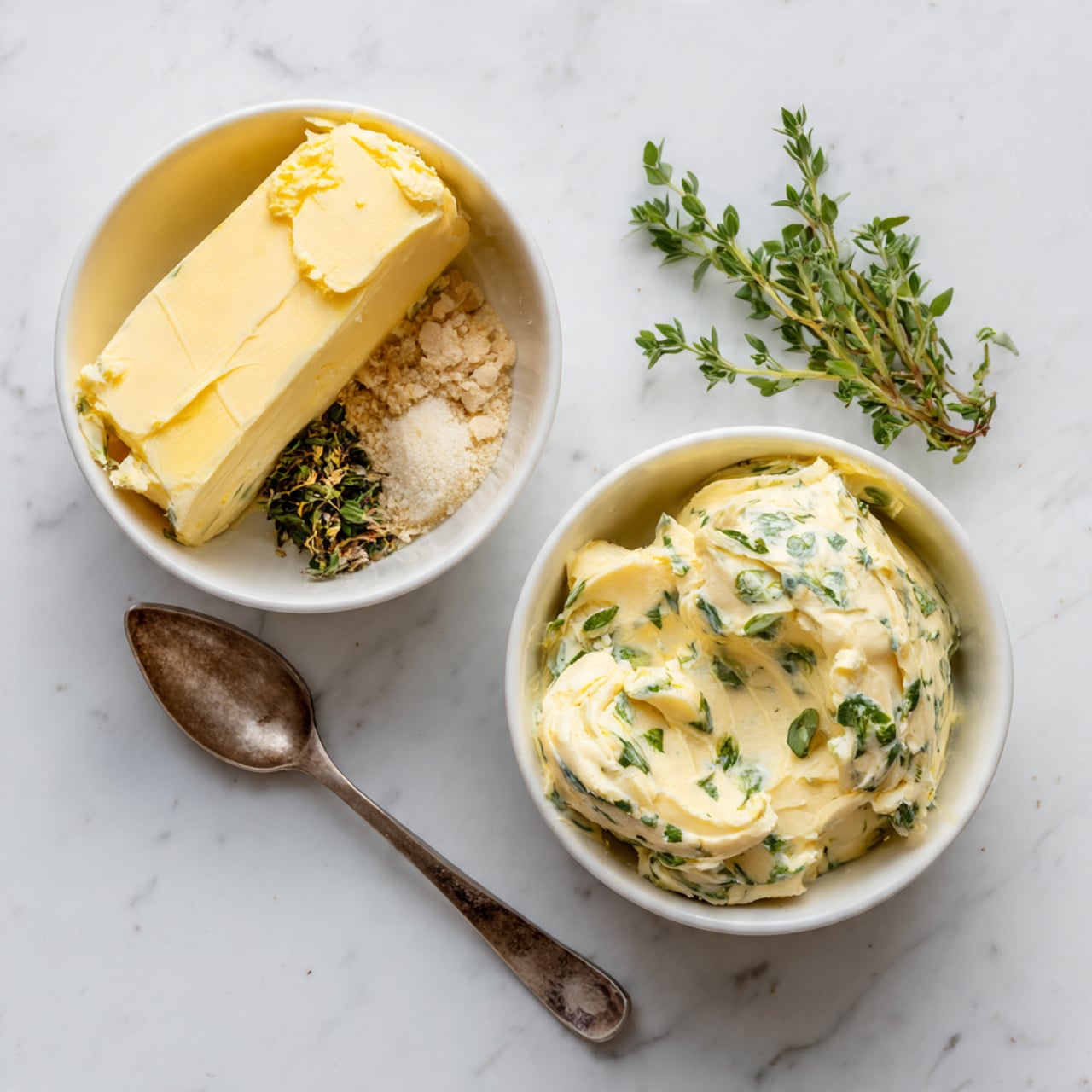 The image shows two white bowls on a white marbled surface with a spoon and a bunch of green herbs nearby. The bowl on the left has several separate layers: a thick yellow stick of butter, light beige powder, some small dark green herb pieces, and light brown granules. The bowl on the right contains the same ingredients mixed into a creamy, pale yellow spread with green herbs spread evenly throughout. A woman's hand with the spoon is resting near the bowl on the right. Photo taken with an iphone --ar 4:5 --v 7