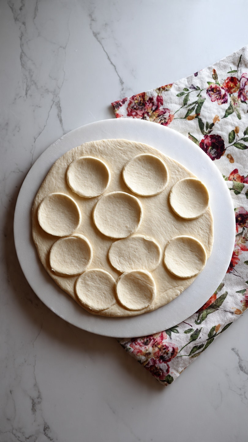 A white round board displays a large, thin layer of light beige dough rolled out flat. On this dough, there are nine evenly spaced circular cut shapes, slightly indented but still connected to the main dough sheet. The dough's texture appears smooth and soft. The board sits on a white marbled texture surface with a floral cloth partially visible around the edges. Photo taken with an iphone --ar 4:5 --v 7