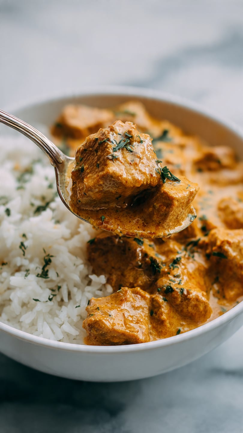 The image shows a white bowl filled with a base layer of fluffy white rice, topped with a thick, creamy orange-brown curry sauce with visible herbs. A silver spoon is holding a scoop of the curry and rice close to the camera, showing the rich texture of the curry coating pieces of tender meat. The bowl is set on a white marbled surface with soft natural lighting, emphasizing the warm colors of the food. Photo taken with an iphone --ar 4:5 --v 7