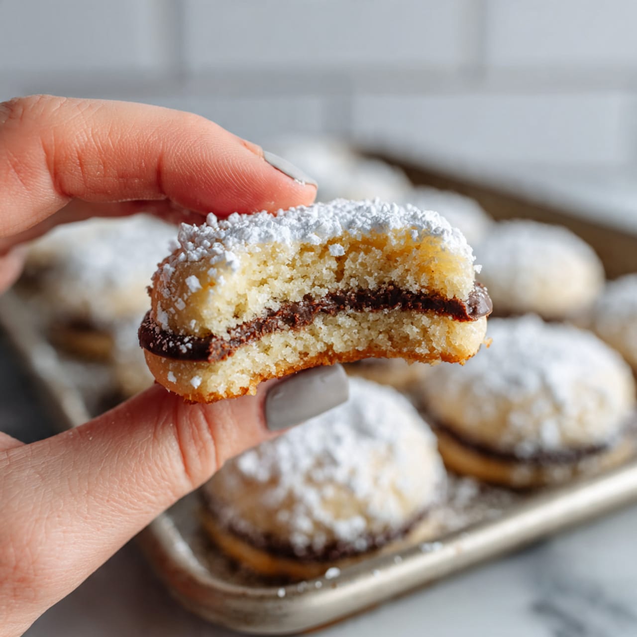 A close-up of a small round chocolate cookie with a bite taken out of it, showing three layers: a light tan soft inside, a darker chocolate layer surrounding the inside, and a thick layer of white powdered sugar dusted outside all over the cookie. The cookie is held between the fingers of a woman's hand, with more round cookies covered in powdered sugar placed on a metal baking tray below. The background has a white marbled texture surface and a light-colored brick wall behind. photo taken with an iphone --ar 4:5 --v 7