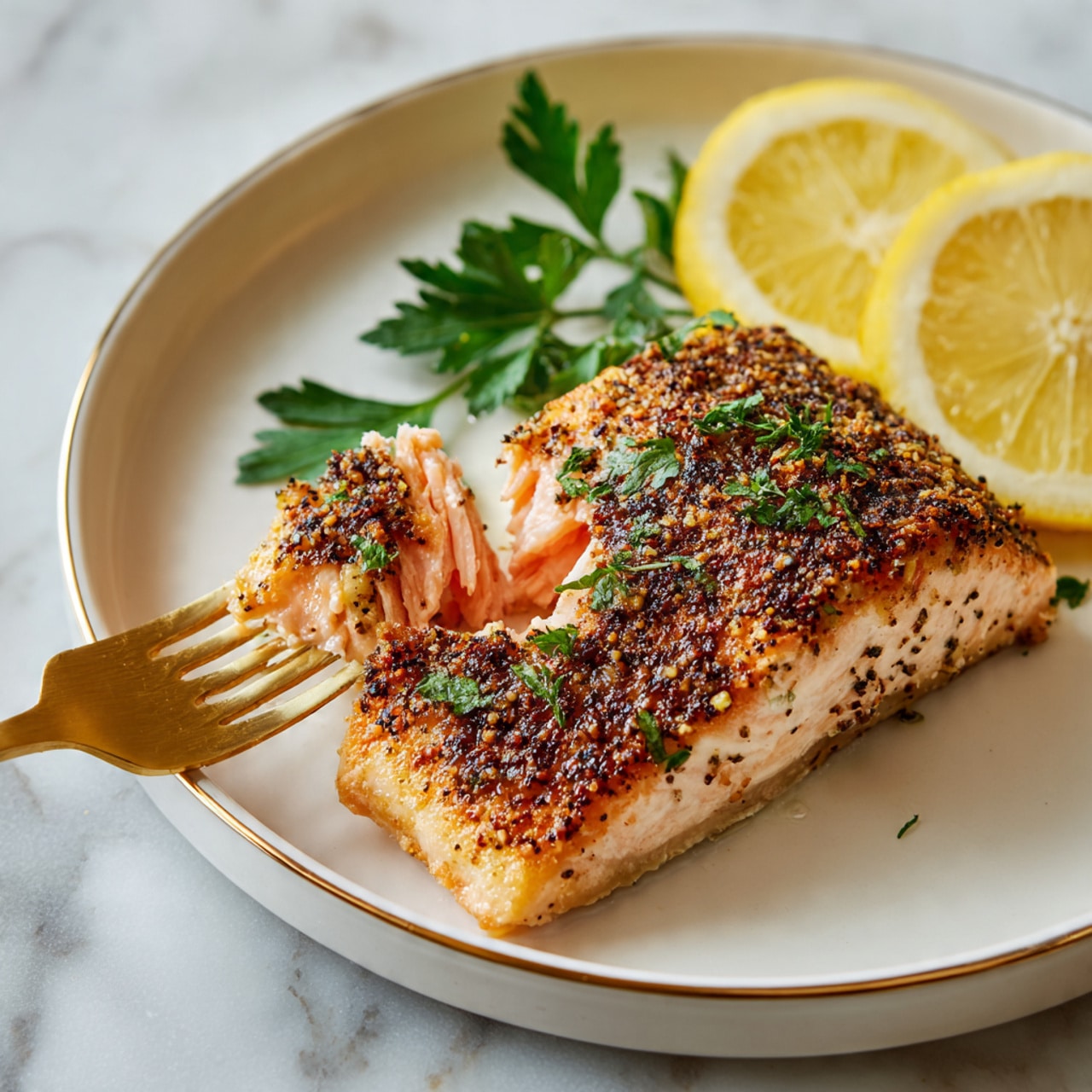 The image shows four grilled fish fillets arranged side by side on a long white plate. Each fillet has a golden brown color with darker grill marks creating a textured look on the top. On both ends of the fillets, there are fresh green parsley sprigs and three thin lemon slices stacked in a row. The plate is placed on a white marbled surface. Around the plate, there are small white bowls filled with broccoli, lemon slices, and more parsley. A white and light green striped cloth is partially visible on the right side of the image. Photo taken with an iphone --ar 4:5 --v 7
