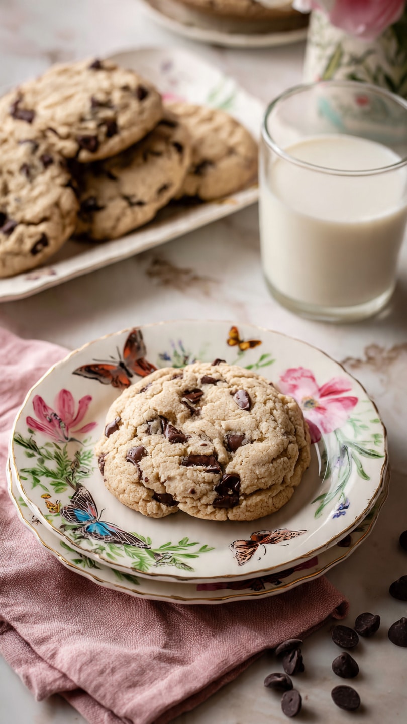 A large light brown chocolate chip cookie with a rough texture and many dark chocolate chips is centered on a white plate decorated with colorful butterfly and bird illustrations, sitting on a soft pink cloth. Behind the plate, a rounded rectangular white plate holds several more light brown cookies with dark chocolate chips, all resting on a white marbled surface. To the right of the front plate, there is a clear glass filled with white milk, with a few scattered dark chocolate chips next to it. photo taken with an iphone --ar 4:5 --v 7