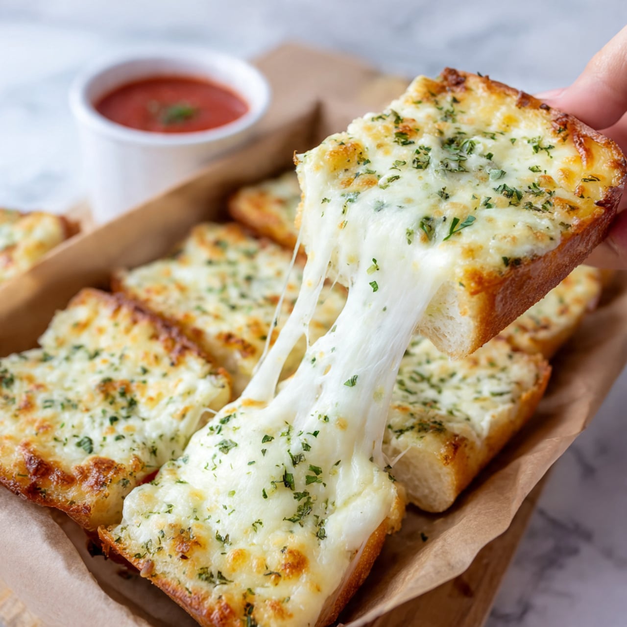 A woman's hand is holding a piece of cheesy garlic bread being pulled apart, showing the long, stretchy melted cheese layer that is white and smooth with some herbs sprinkled on top. The bread base is golden brown with a slightly crispy texture, topped with a thick layer of melted white cheese mixed with green parsley flakes. In the background, several more pieces of the cheesy garlic bread sit on brown paper inside a box, and a small white cup of red marinara sauce is blurred behind them, all placed on a white marbled surface photo taken with an iphone --ar 4:5 --v 7
