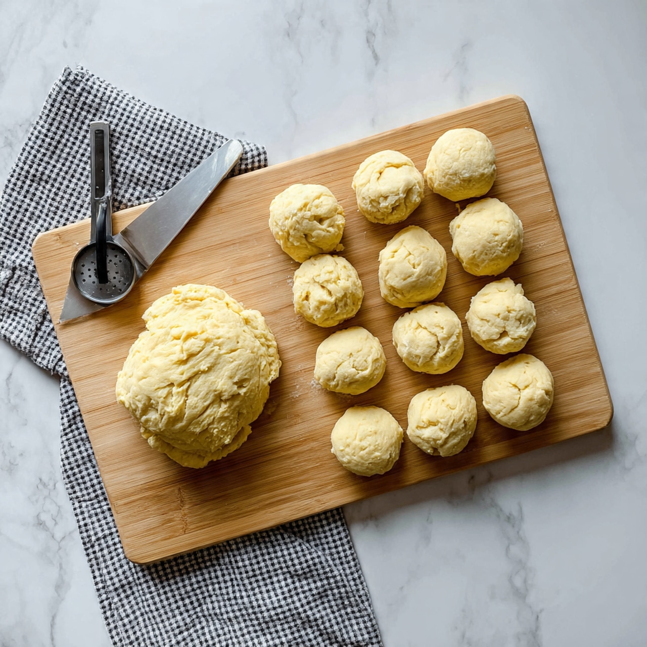 The image shows a light wooden cutting board placed on a white marbled surface with a black and white checkered cloth underneath it. On the cutting board, there is a large unevenly shaped piece of yellow dough lying horizontally on the left side. To the right of this large dough piece, there are ten smaller round dough balls arranged loosely in two columns. At the top left corner of the board, a silver dough scraper with a black handle is partially underneath the large piece of dough. The dough looks soft and a bit sticky with slight textures on its surface. photo taken with an iphone --ar 4:5 --v 7