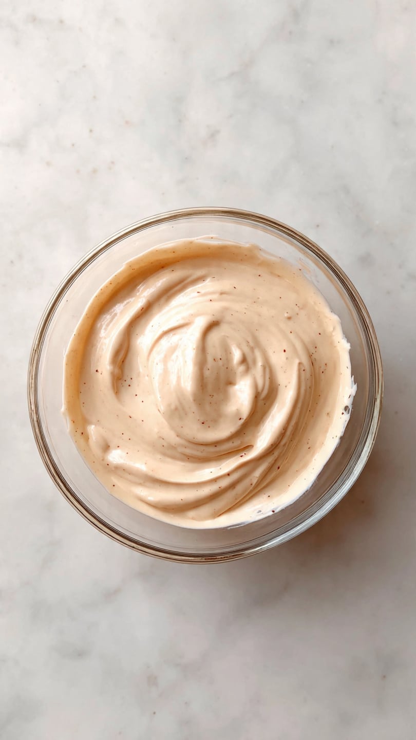A clear glass bowl sits on a white marbled surface, containing a single layer of smooth, creamy beige sauce with small dark specks mixed in. The sauce is spread evenly in the bottom center of the bowl, showing soft swirled textures that catch gentle light reflections. The background and surface under the bowl have a clean white marble look. photo taken with an iphone --ar 4:5 --v 7