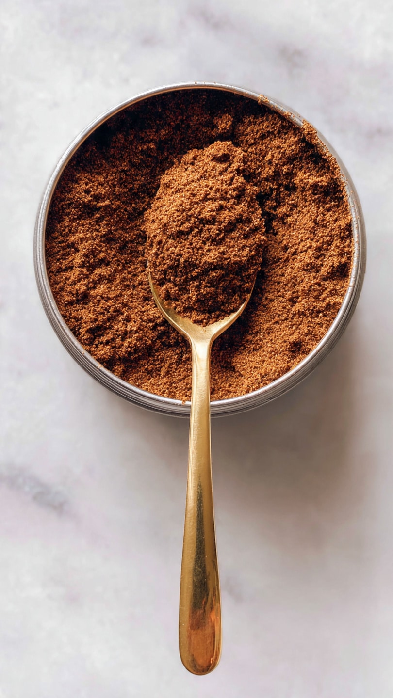 A white round bowl holds a fine brown powder that fills almost the whole bowl, with a small spoon resting inside it. The spoon is gold-colored and is partially buried in the powder, which has a soft, crumbly texture. The powder spreads unevenly, creating small hills and valleys, with some of the white bowl visible around the edges and in the area disturbed by the spoon. The background is a white marbled surface, and the lighting highlights the texture of the powder and the shiny surface of the spoon. photo taken with an iphone --ar 4:5 --v 7