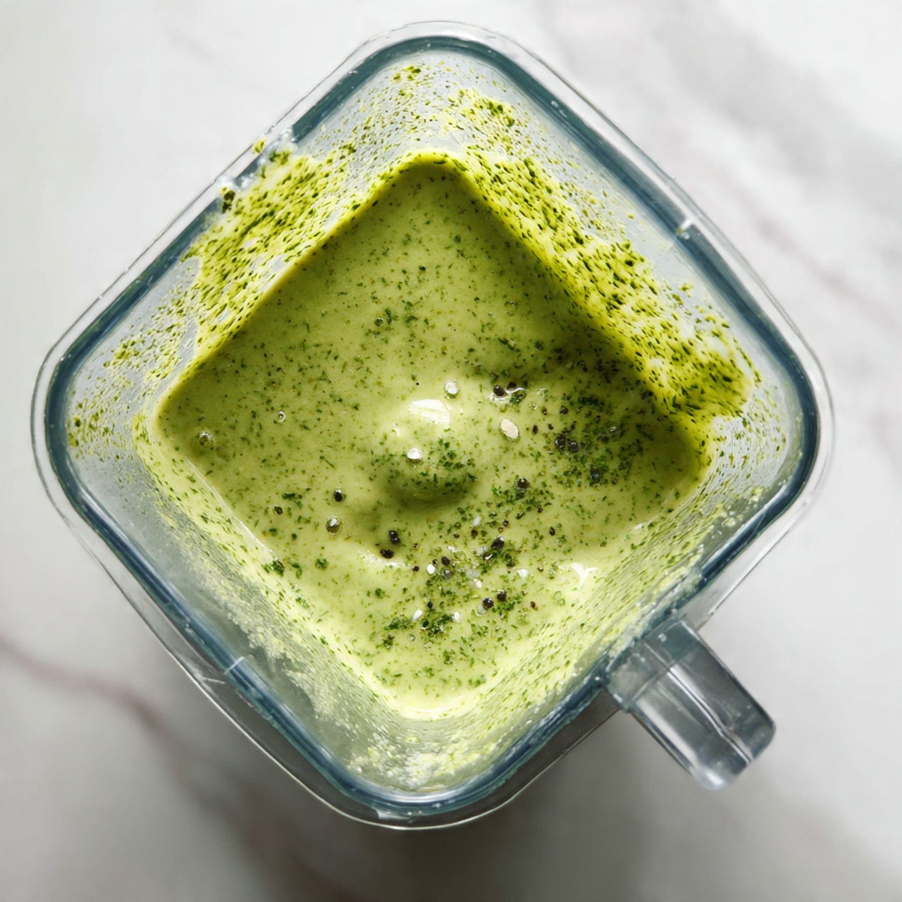 A close-up of a bowl filled with a thick green salsa that has small white and darker green bits visible inside. The bowl is white with painted blue and white circular patterns, and it has a blue handle on one side. A wooden spoon rests inside the bowl, slightly dipped into the salsa, showing its coarse texture. In the background, there are blurred green vegetables on a white marbled surface photo taken with an iphone --ar 4:5 --v 7
