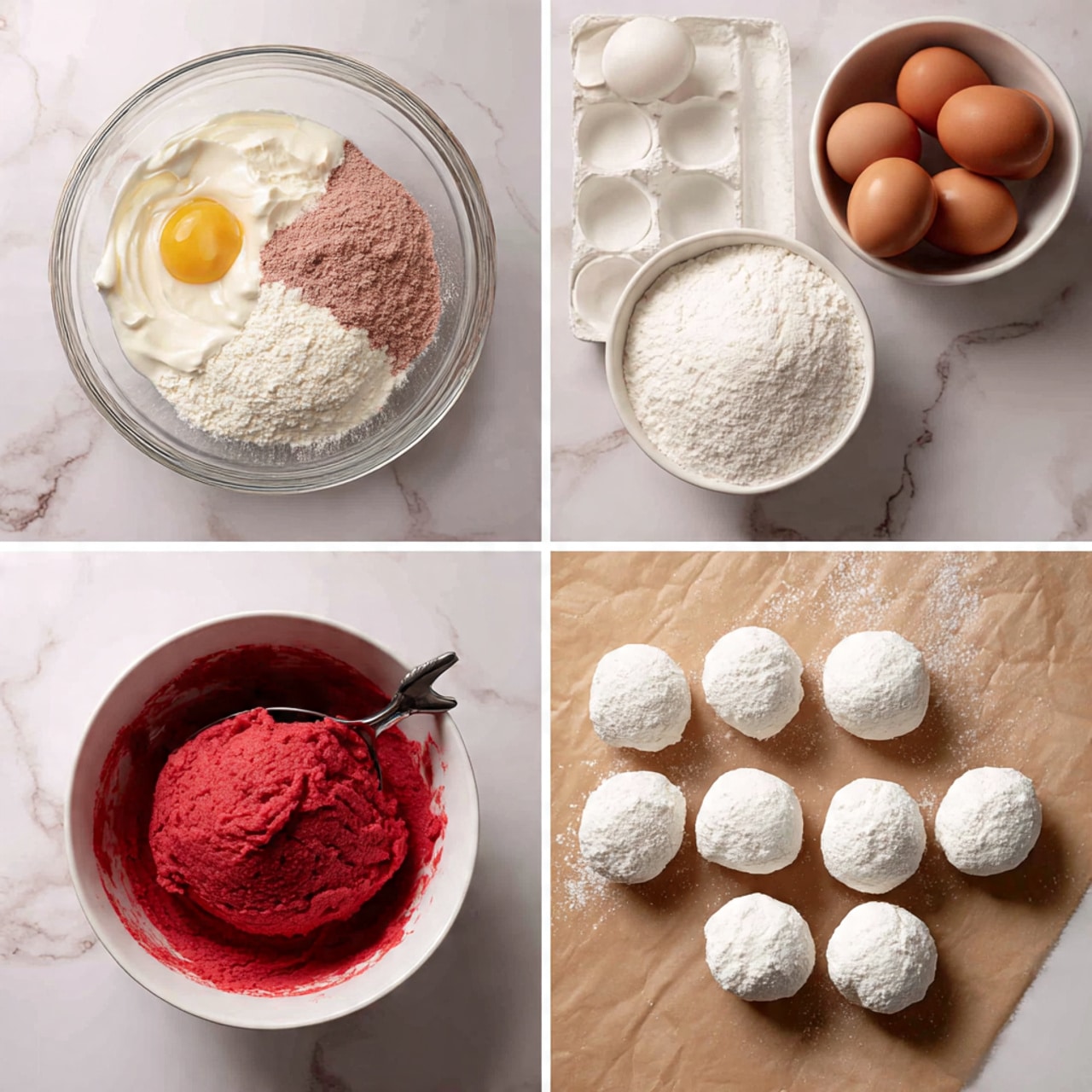 The image shows four steps of making red cookie dough on a white marbled surface. In the top left, a clear glass bowl holds three layers: white whipped cream, light brown dry mix, and a yellow egg at the bottom right within the bowl; above them to the left are a large white bowl of white powder and a white egg carton with five brown eggs. At top right, the glass bowl now contains a smooth thick red dough, and the eggs and white powder remain in the same spot. Bottom left shows the red dough in the glass bowl with a woman's hand scoop pressing into it, and below it is a white bowl full of white powder with a red dough ball partly dipped inside. Bottom right displays nine dough balls completely coated in white powder, arranged in a loose grid on brown parchment paper over the white marbled surface. Photo taken with an iphone --ar 4:5 --v 7