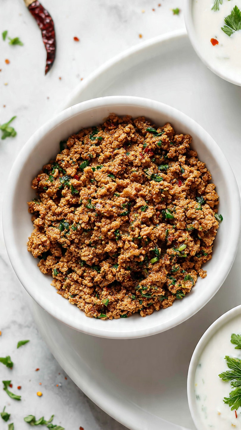 A white plate on a white marbled surface holds three layers: at the top right, a pile of crumbly, brown cooked ground lentils mixed with green herbs and sliced green chilies, garnished with a small green lime wedge on the top edge; below it, two folded pieces of soft, light tan flatbread with darker brown spots, resting at the bottom right corner of the plate. Above the plate, there is a small white bowl filled with white yogurt topped with chopped green herbs and a silver spoon inside. To the top left of the bowl, a small white plate holds a small pile of red chili flakes. At the bottom left of the frame, a larger white bowl contains more cooked ground lentils mixed with herbs, with a silver spoon in it. Small green herb pieces are scattered lightly on the surface around the items. Photo taken with an iphone --ar 4:5 --v 7