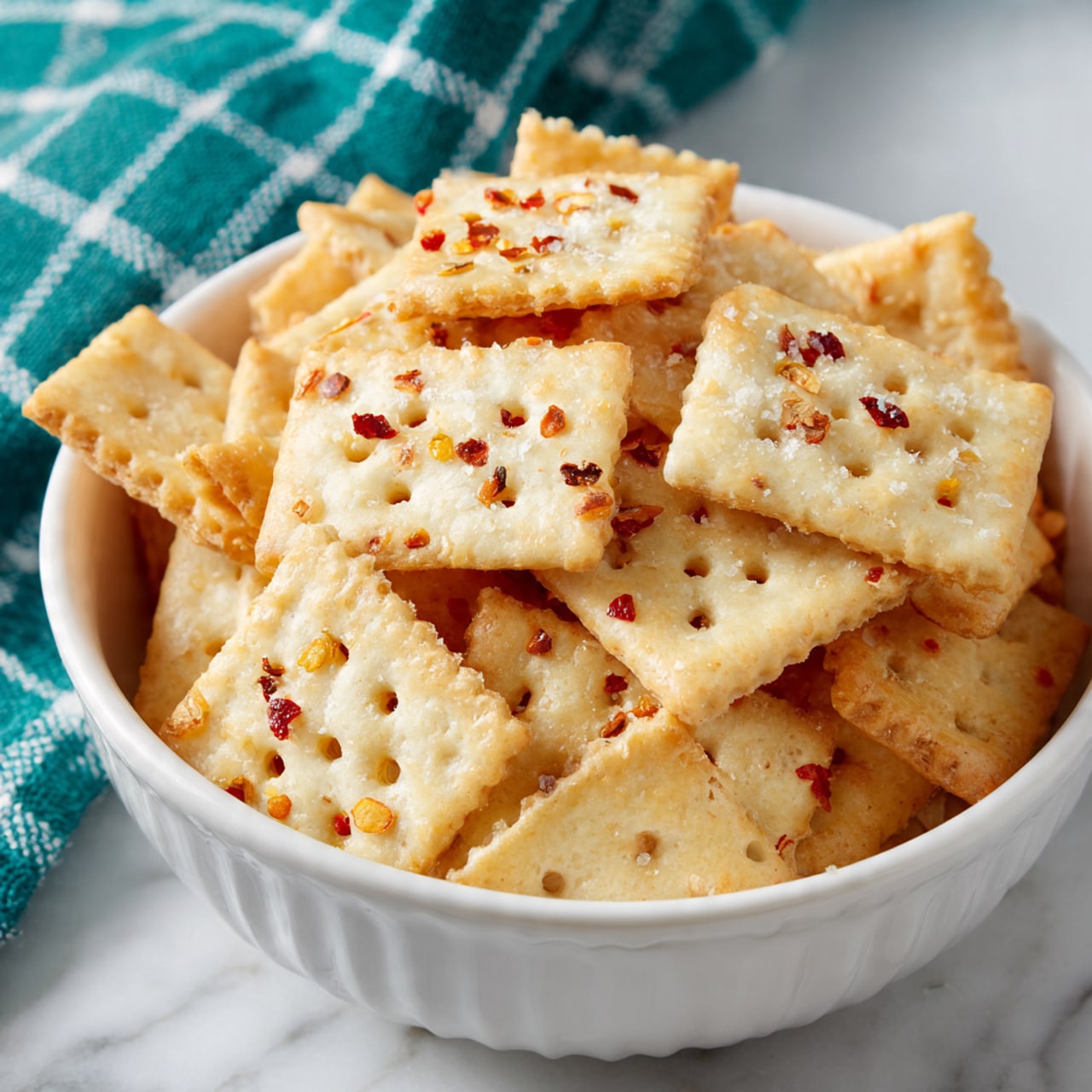 A white bowl filled with many square crackers stacked on top of each other, each cracker light golden brown with small holes and topped with red chili flakes and some coarse salt, showing a crunchy texture; the bowl sits on a white marbled surface with a teal and white checkered cloth partially visible in the background photo taken with an iphone --ar 4:5 --v 7