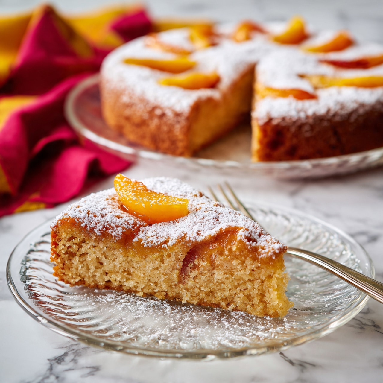 A close-up view of a single-layer cake slice with a golden yellow soft texture inside and a slightly darker brown crust outside. The cake is topped with a thick, smooth layer of creamy white frosting that looks soft and slightly swirled. The full cake, also covered with the same frosting, is visible in the foreground on a white plate, and the background shows a blurred pineapple against a white marbled surface. Photo taken with an iphone --ar 4:5 --v 7