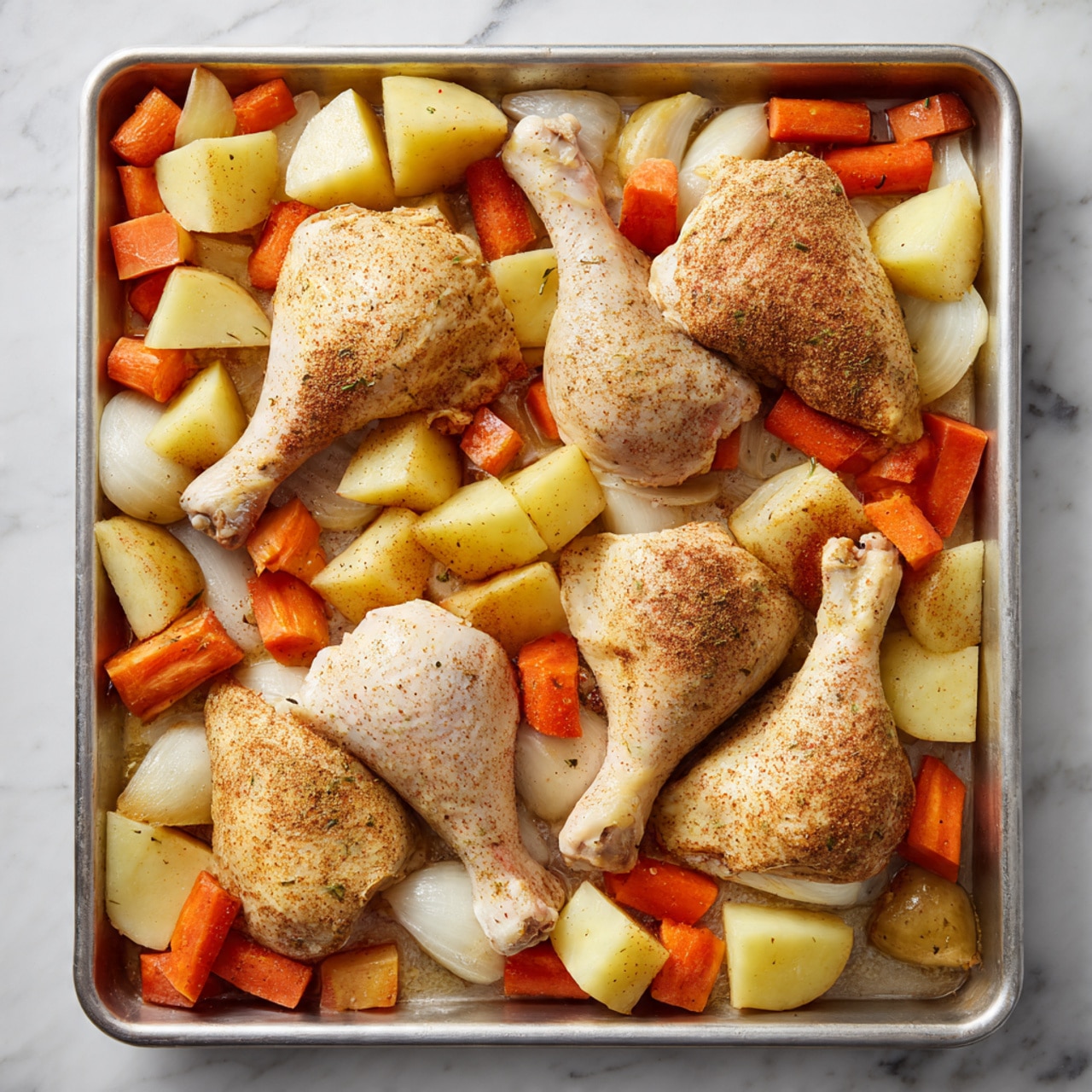 A white oval plate filled with three golden-brown roasted chicken pieces placed on top of a bed of roasted vegetables including small potatoes, orange carrots, and onions with slightly charred edges. The chicken has a crispy skin with visible seasoning and herbs sprinkled on top, while the vegetables show a mix of yellow and orange hues with a roasted texture. Fresh green herbs and small crumbles of white cheese are scattered over the chicken and vegetables, adding bright color contrast. The plate is on a white marbled surface, with small green herbs scattered around it, accompanied by a small white bowl with what looks like a creamy dip next to the plate. photo taken with an iphone --ar 4:5 --v 7