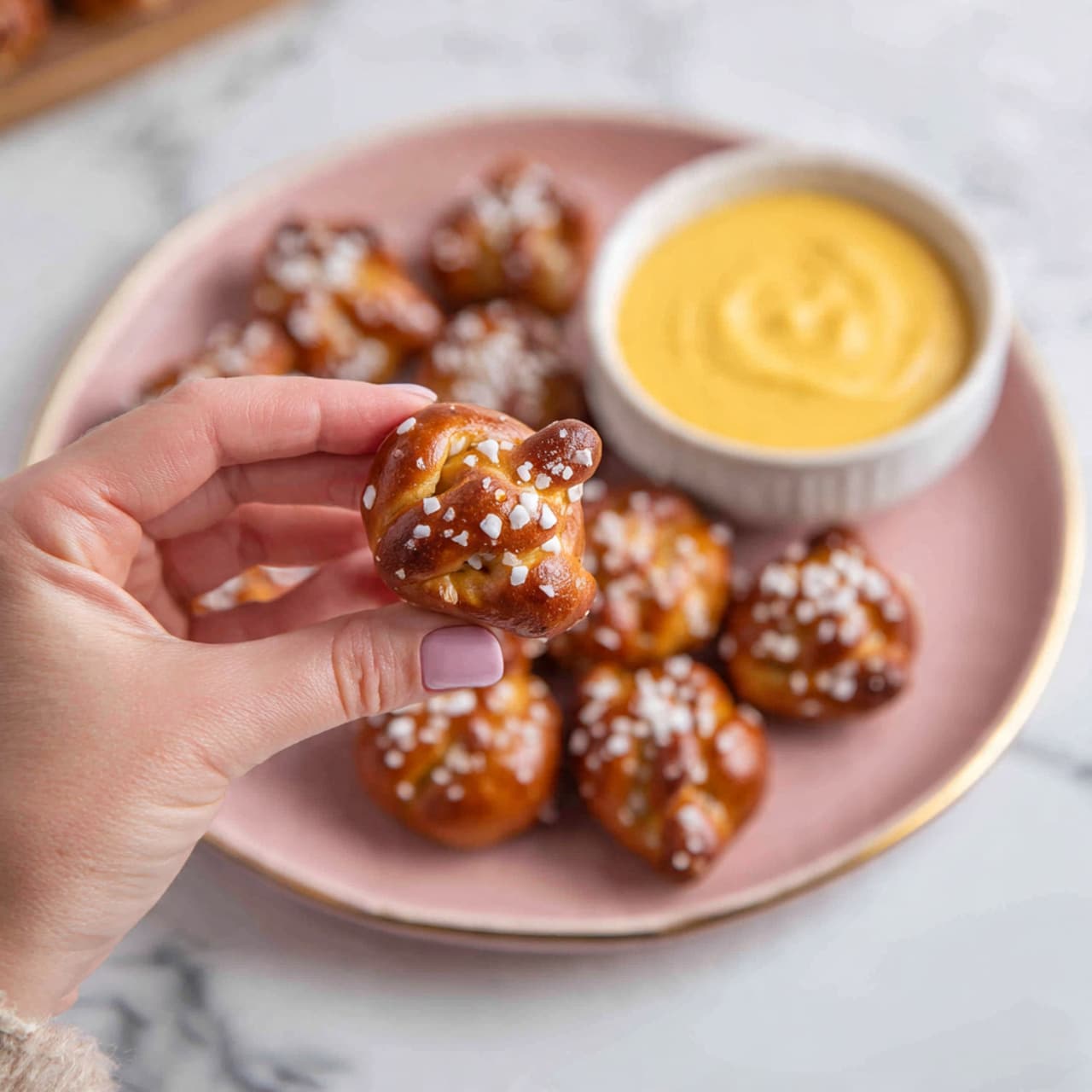 A pink plate full of many small, golden brown soft pretzel bites sprinkled with coarse white salt, each piece showing a slightly different shape and toasted texture, sitting next to a light blue bowl filled with smooth, bright yellow cheese sauce, all placed on a white marbled surface with a light grey wall background photo taken with an iphone --ar 4:5 --v 7