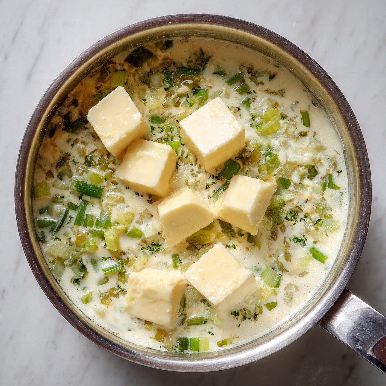 The image shows a close-up of a stainless steel pot filled with a creamy white liquid base mixed with small green vegetable pieces and finely chopped translucent onions. On top of this mixture, there are several pale yellow cubes of a soft ingredient spread evenly in the center. The texture appears smooth and thick with the cubes slightly sinking but mostly resting on the surface. The pot is partially visible with its rounded edge and a handle on the side, placed on a white marbled surface. Photo taken with an iphone --ar 4:5 --v 7