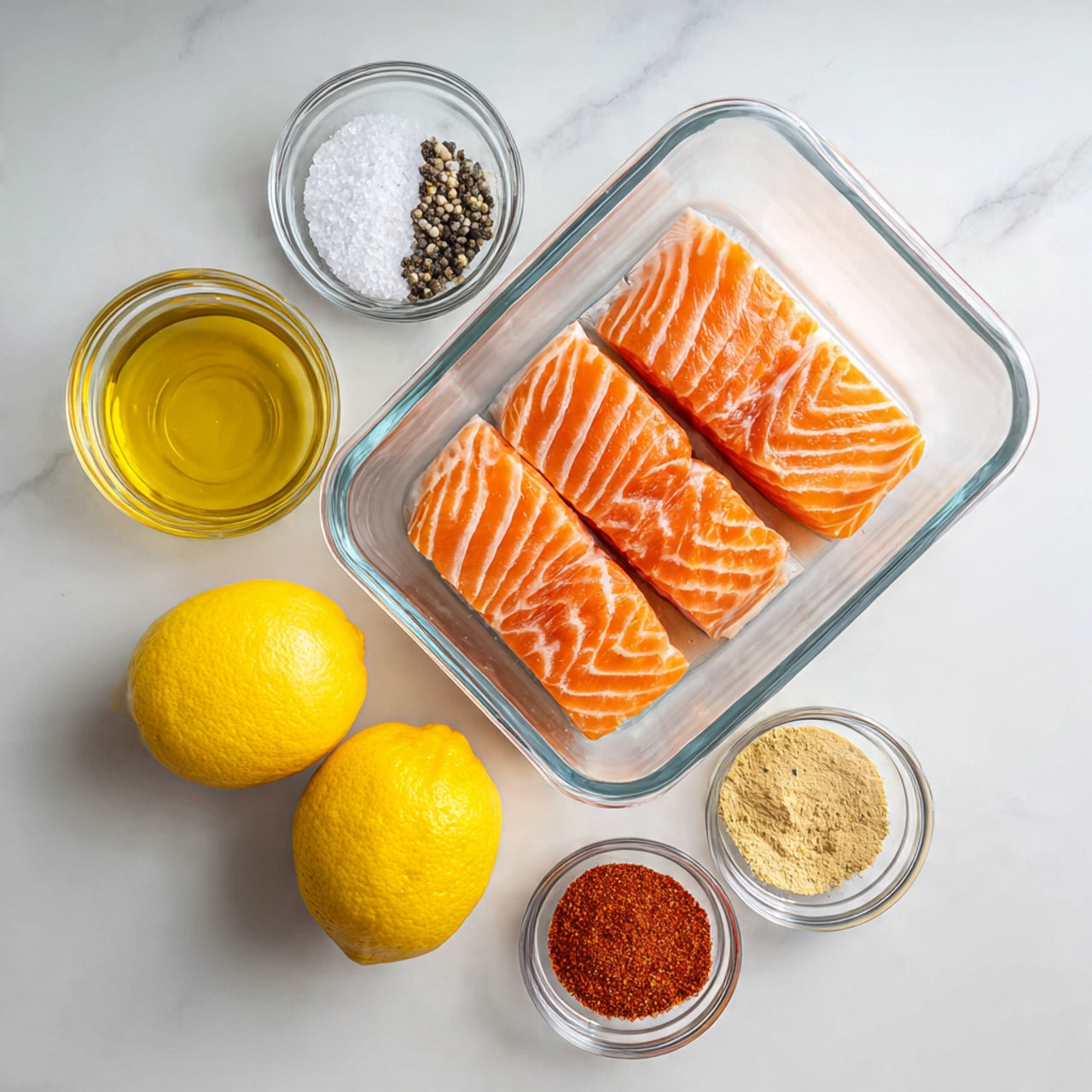 The image shows a rectangular clear glass container holding four pieces of fresh raw salmon with bright orange and white marbled layers, placed in the center on a white marbled surface. Above the container, there are two small clear glass bowls, one with a mix of white salt and black pepper, the other filled with golden yellow olive oil. Below the container, there are two whole yellow lemons side by side and another small clear glass bowl on the right containing three spices arranged in separate sections: red paprika, tan garlic powder, and beige ground ginger. The setup is simple, clean, and organized evenly around the salmon container, with soft natural light. Photo taken with an iphone --ar 4:5 --v 7