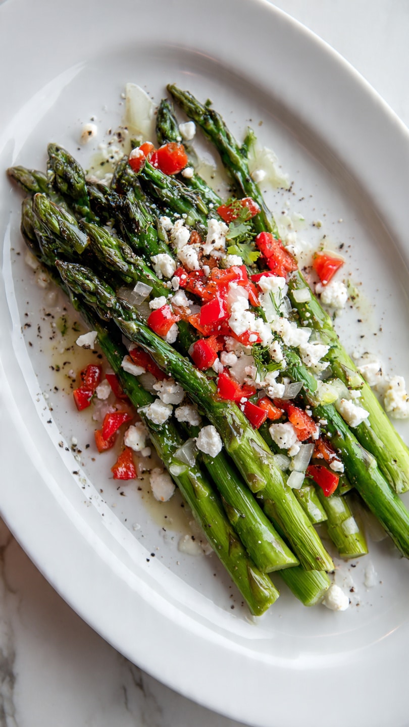 A white skillet with bright blue handles holds a mix of green asparagus spears spread across the bottom, some with a slight char. Small pieces of red bell pepper are scattered over the asparagus, adding pops of color. Crumbled white cheese is sprinkled on top, contrasting with the vegetables. A wooden spoon rests on the right side of the skillet, touching the food. In the background, to the top left, there is a small white bowl filled with more crumbled white cheese placed on a white marbled surface photo taken with an iphone --ar 4:5 --v 7