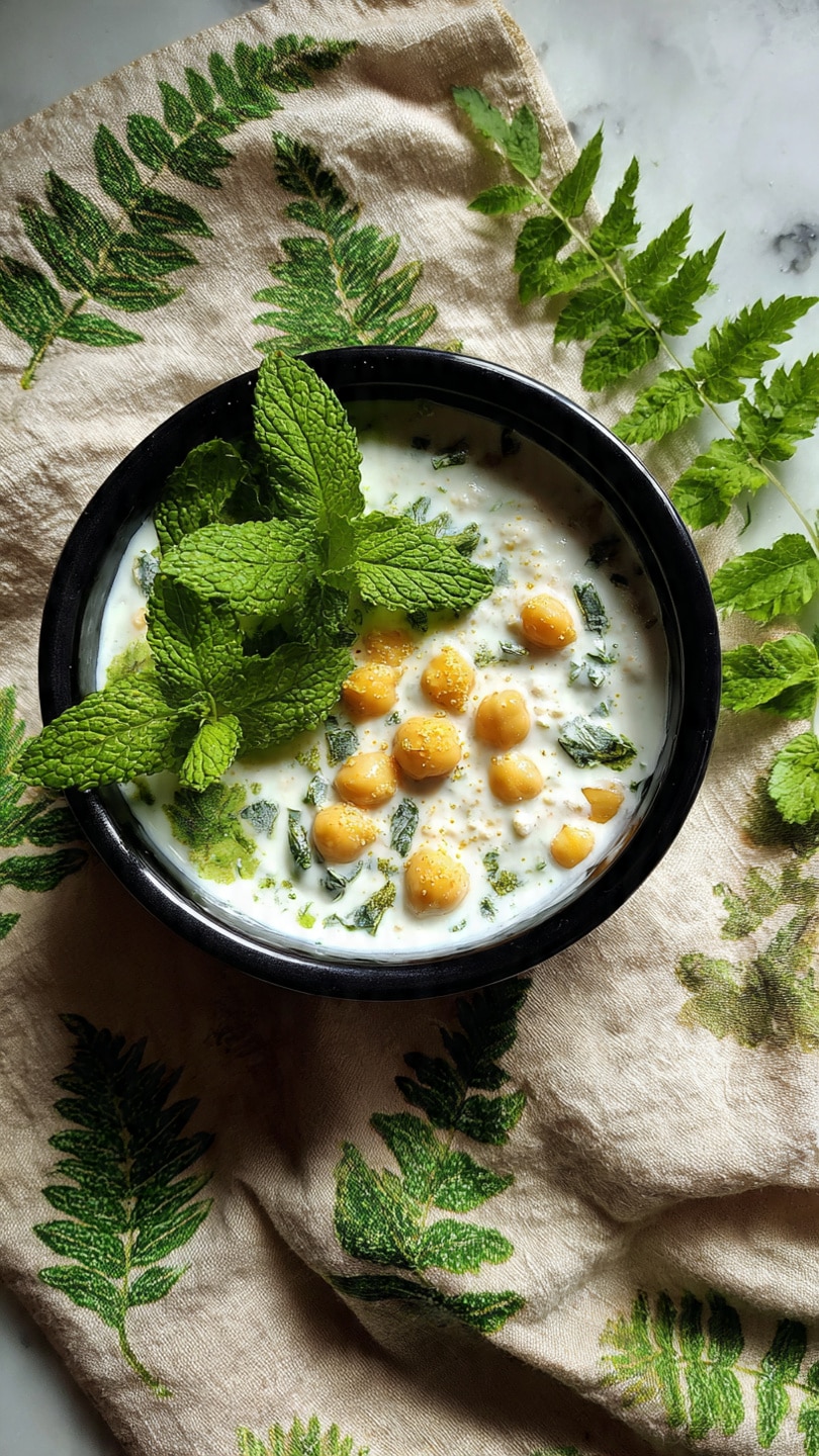 A close-up view of a black bowl filled with a creamy white yogurt mixture containing small green herb pieces and beige chickpeas. On top, there are scattered bright yellow fried lentil puffs and fresh green mint leaves. The bowl sits on a white marbled surface with a gray cloth nearby, showing slight folds and green patterns. Photo taken with an iphone --ar 4:5 --v 7