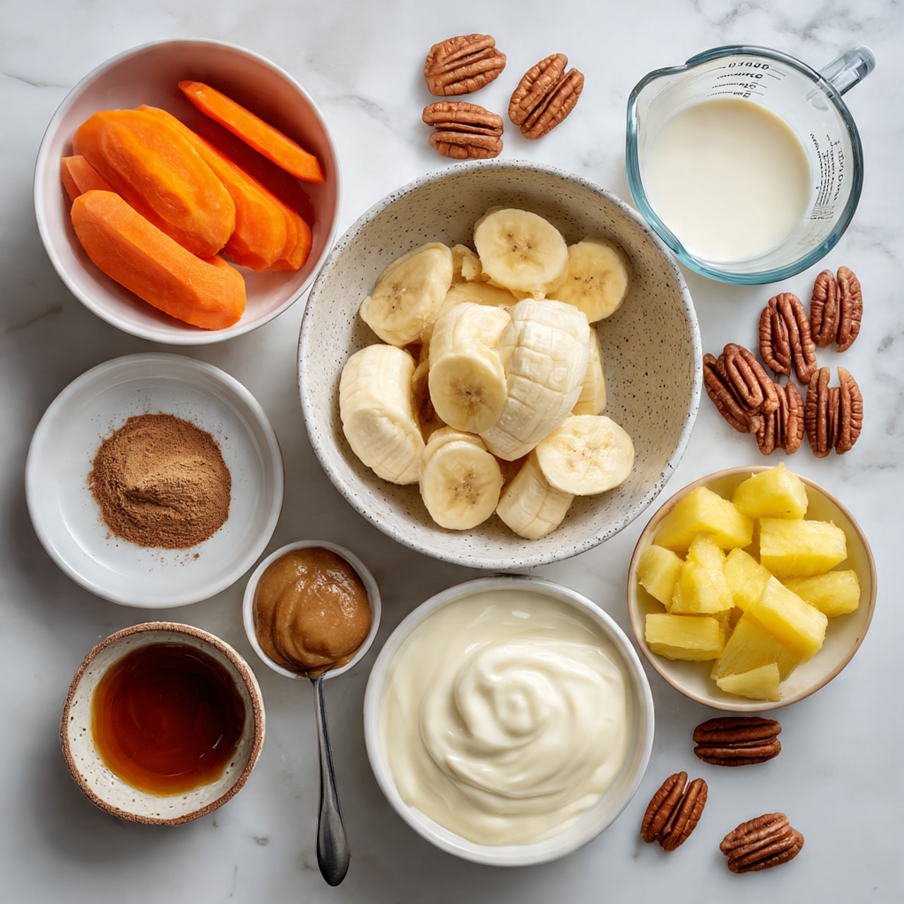 The image shows an arrangement of seven white bowls and containers on a white marbled surface, each holding different ingredients for a recipe. In the center is a white speckled bowl filled with peeled banana pieces, light yellow and soft in texture. Above it to the right is a clear glass measuring cup with white liquid. To the left of the bananas is a white bowl with round carrot slices, bright orange and smooth. Below the carrots is a small white plate with a pile of brown powder. Below that is a white bowl with smooth, creamy white yogurt. To the right, next to the bananas, is a small rustic bowl with a spoon and brown nut butter. Below the bananas is a white bowl with yellow pineapple chunks. Finally, at the bottom left is a small white bowl with dark amber liquid. Some pecan nuts are scattered around the bowls. photo taken with an iphone --ar 4:5 --v 7