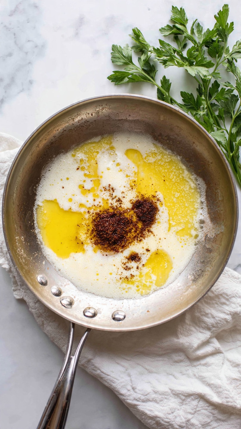 A silver frying pan sits on a white marbled surface with a white towel underneath. Inside the pan, there are three main layers visible: a melted yellow butter base covering most of the pan, a creamy white liquid layer spreading unevenly over the butter, and a small dark brown section of spices and sugar forming a rough circle near the center. The pan shows slight marks of use around the rim and has a metal handle attached with three rivets. A bunch of fresh green parsley leaves is slightly visible in the top right corner. Photo taken with an iphone --ar 4:5 --v 7